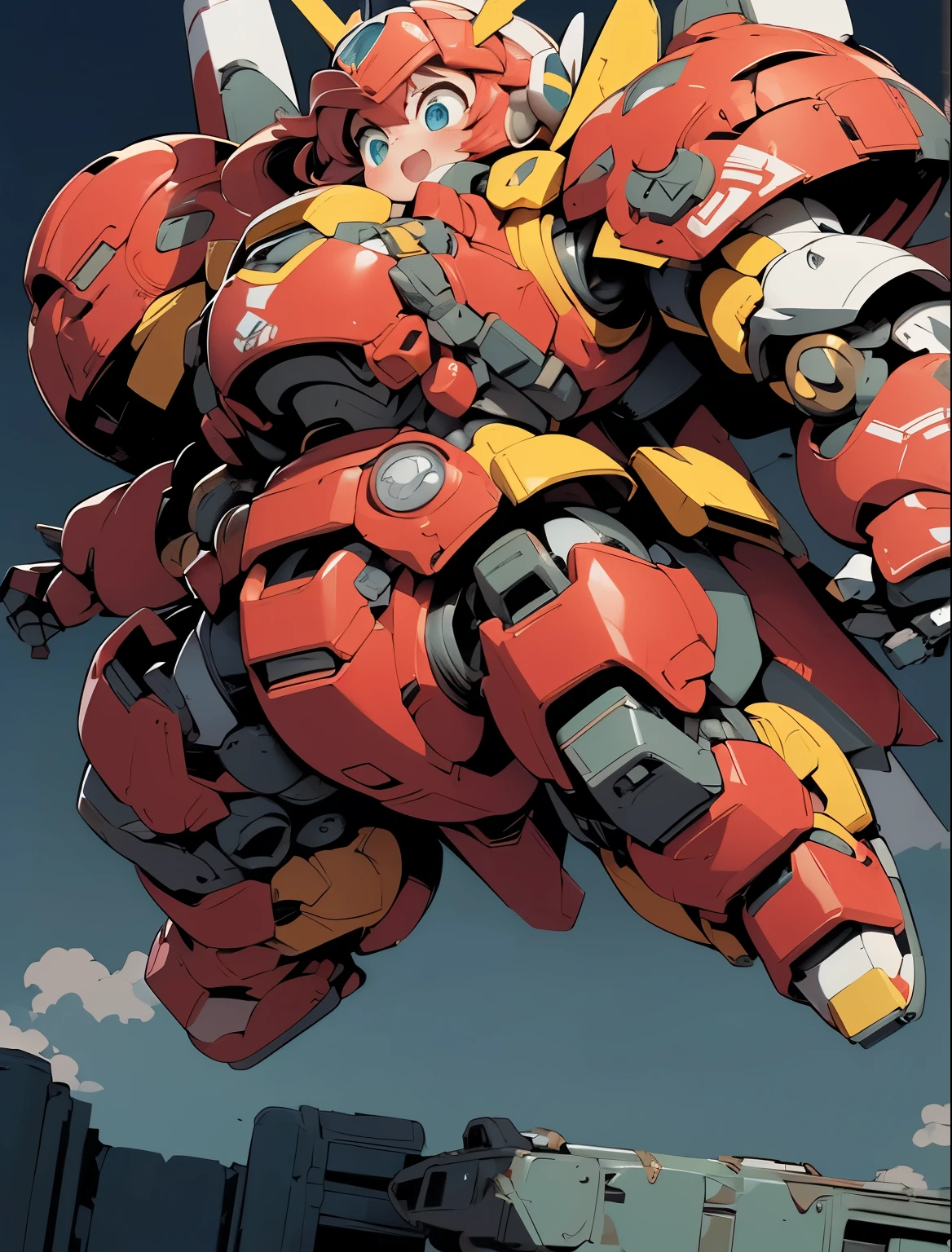 (((1 chibi girl in large red-colored robot costume, from below))), ssmile, (holding weapons), (chibi), (bulky:1.8), (((helmet:1.5))), large cute face, (((looking down:1.5))), mechanical parts, ((mechanical wings)), (full armor:1.8), (mecha armor:1.8), (shoulder guards:1.2),(huger arms), ((mechanical arms:1.5)), (short legs), (huger body:1.8), (heavy equipment:1.6), (from below), blue sky, white clouds, robot joints, becoming a mecha, mecha, (RARS), (HRS), ROBOTANIMESTYLE, BJ_Cute_Mech,cute, girl BREAK ((masterpiece)), vibrant colors, 8k, best quality, ultra detailed illustration, ((best quality)), ((high resolution)), flawless skin textures, shiny oiled skin, extremely detailed anime eyes , extreme light and shadow