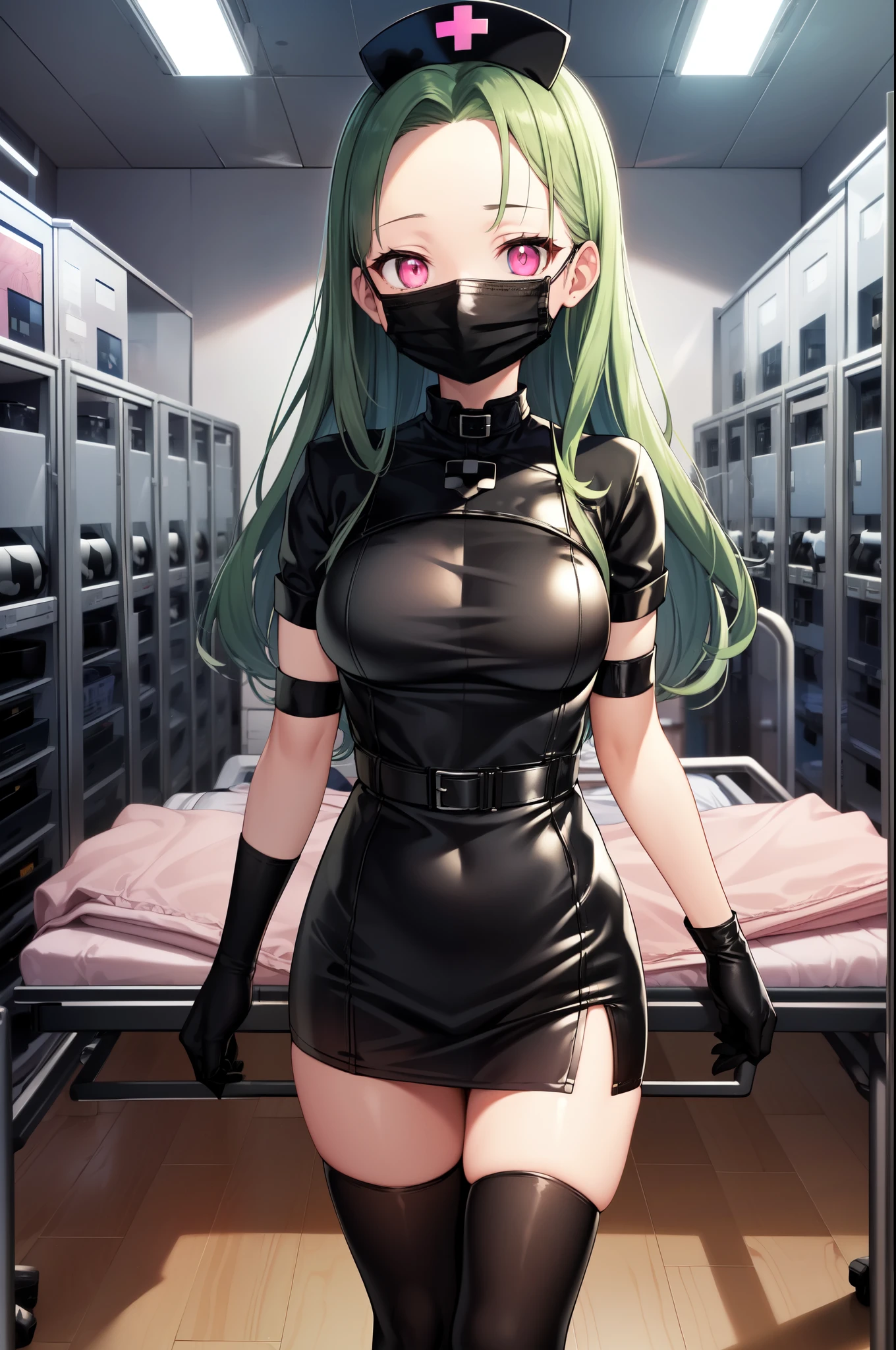 black nurse, 1woman, solo, black nurse cap, black nurse uniform, ((black legwear, zettai ryouiki)), black elbow gloves, forehead, long hair, green hair, pink eyes, ((black surgical mask, covered nose)), standing, ((surgery room)), sharp outline, short sleeves, mature female, 35yo, best quality, masterpiece