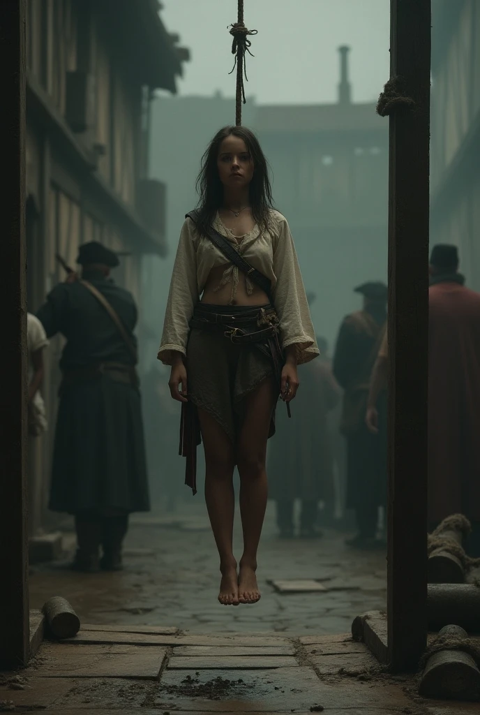A pirate girl is executed by the red british soldiers by hanging in the pirate era. She is barefoot and in a poor ripped clothing. 