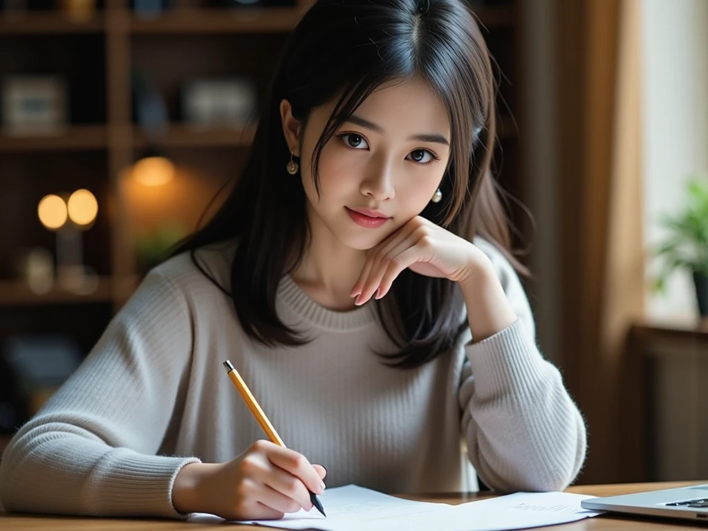 High image quality (8k image quality), high definition, outstanding work, appropriate subject depth, appropriate focus, Leica camera quality, RAW image quality, realistic、A woman studying at her desk、Detailed pupils, detailed lips, perfect hand, perfect finger、Perfect nails, detailed hands, detailed fingers, detailed nails,FLUX,east asian woman,
asian woman