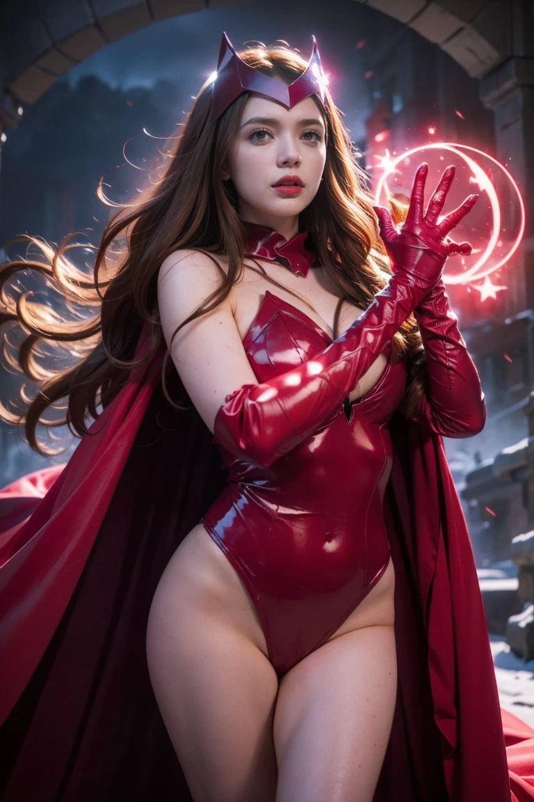 best quality,ultra-detailed,realistic,sexy scarlet witch,beautiful detailed eyes, beautiful detailed lips, long red hair, witch costume, glowing magical powers, intense gaze, confident posture, dark and mysterious background, vibrant colors, enchanting art style, dramatic lighting