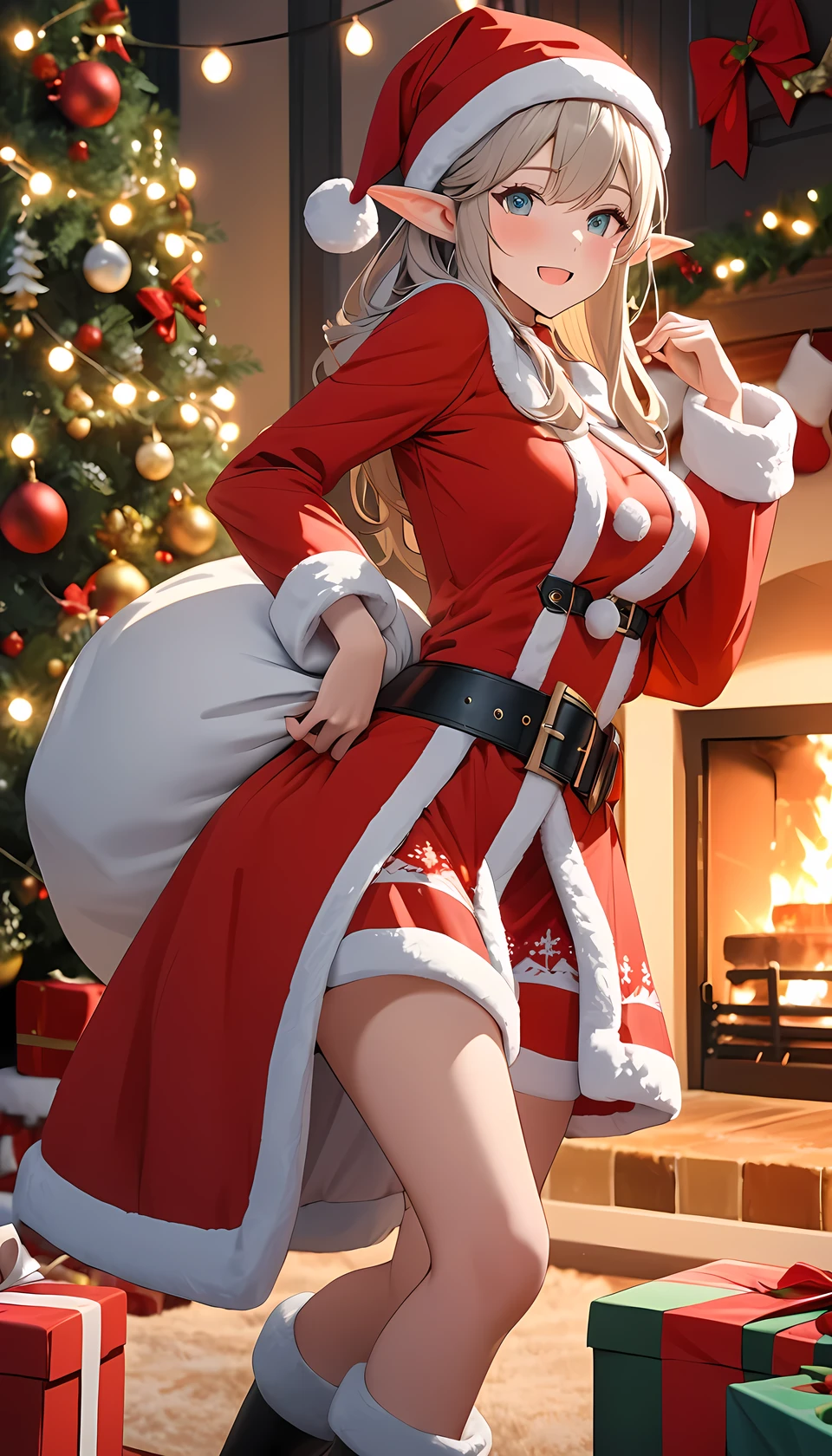 (((Best quality, 8k, Masterpiece: 1.3)), ((best quality)), ((masterpiece)), (detailed), perfect face, perfect body, (detailed skin:1.3), (intricate details), A cheerful elven woman dressed in a Santa Claus-inspired outfit stands in a cozy, festive room. She has pointed ears that peek out from under a red Santa hat with a fluffy white trim. Her outfit is a fitted red coat with white fur edges, a black belt, and tall boots, giving her a playful yet elegant holiday look. She holds a large sack of gifts over her shoulder, her expression warm and joyful. The background features a decorated Christmas tree, glowing string lights, and stockings hung by a fireplace, creating a warm, festive atmosphere filled with holiday cheer.