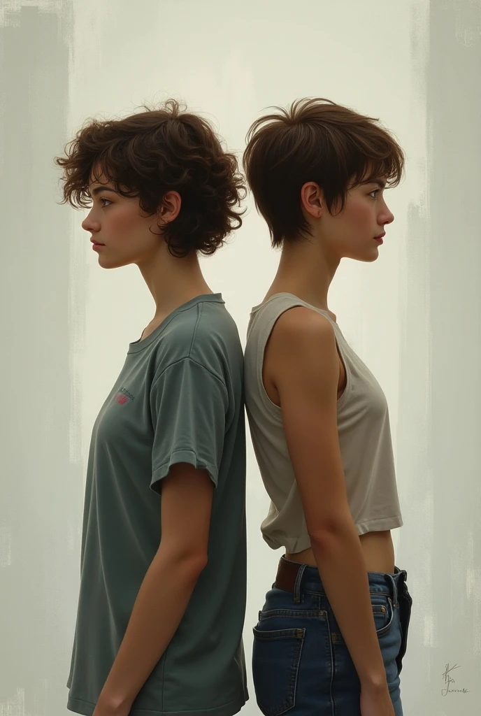 one 18-year-old girl and one 28-year-old girl, in a white tank top and small shorts (Standing dark gray background) one of two girls looking down and one looking into camera, Highly detailed, , innocent face, blonde Buzz cut Hair, ginger Pixie Bob Haircut bangs, dark-blue eyes, high resolution, The best quality, Highly detailed, sharp focus, detailed skin, texture, detailed eyes, professional, 4k, extremely detailed, Photo_\(ultra\), Realstic, Maximum details, Atmospheric lighting.