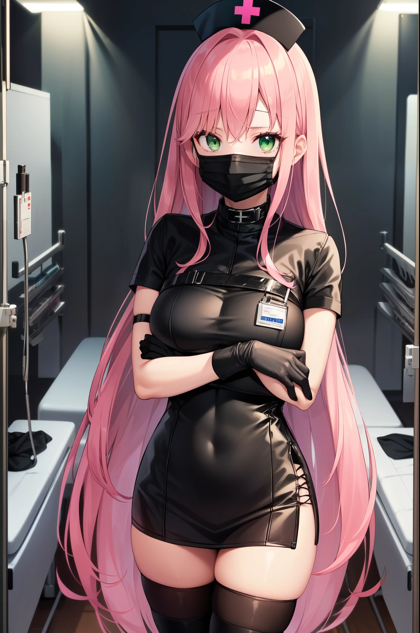 black nurse, 1woman, solo, black nurse cap, black nurse uniform, ((black legwear, zettai ryouiki)), black elbow gloves, pink hair, green eyes, drooping eyes, ((black surgical mask, covered nose)), standing, ((surgery room)), sharp outline, short sleeves, mature female, 32yo, best quality, masterpiece