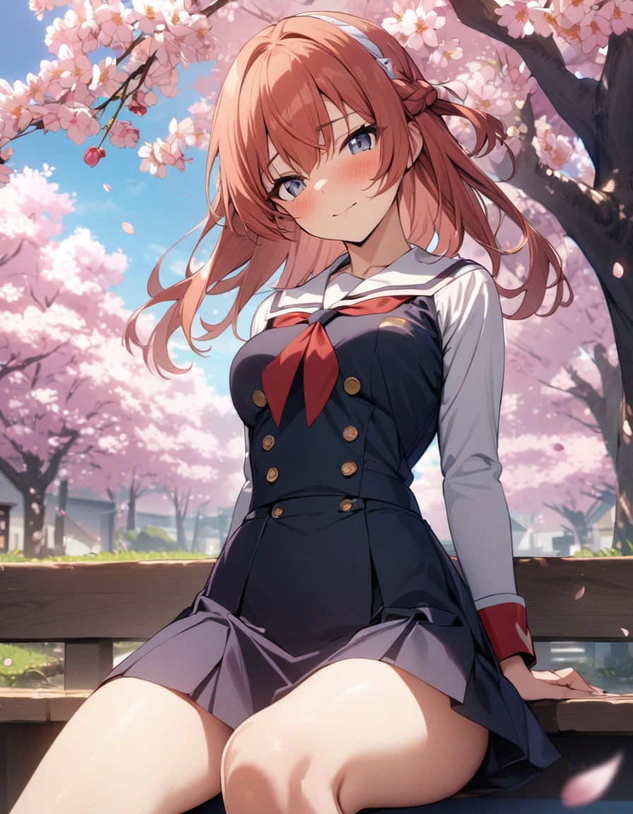 girl. laufen school uniform,  cherry blossoms, 
masterpiece, best quality, very aesthetic