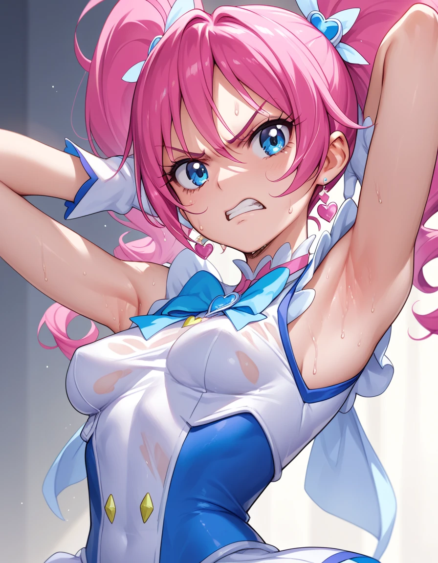 score 9, score 8 up, score 7 up,Cure melody,pink hair,twintails,armpit,sweating,angry,,medium breasts