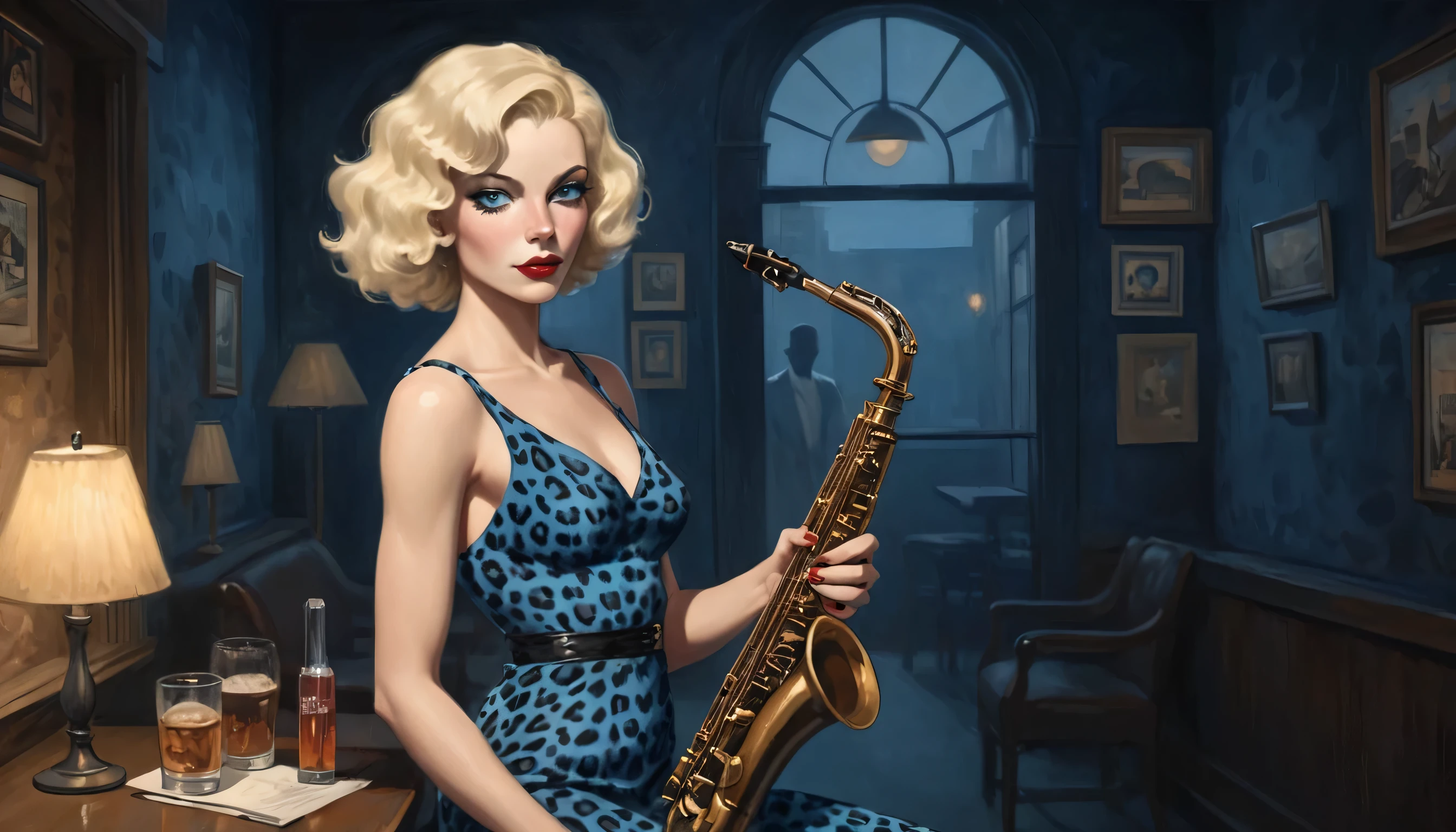 robert johnson, gritty, alabama bar, blue note, charismatic, illustration, bw, noir fantasy, lone blonde lady, saxophonist