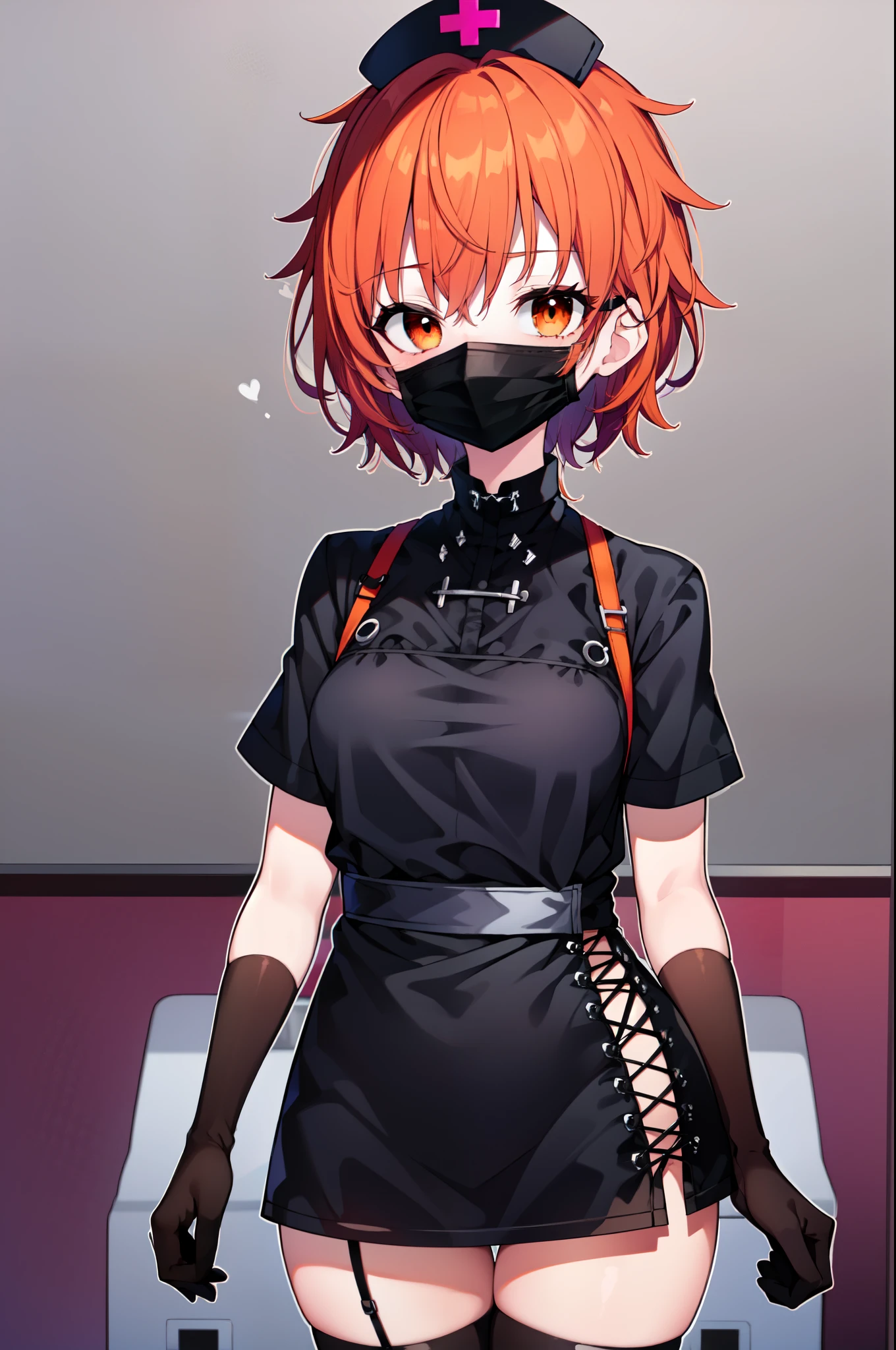 black nurse, 1girl, solo, black nurse cap, black nurse uniform, ((black legwear, zettai ryouiki)), black elbow gloves, very short hair, orange hair, ((black surgical mask, covered nose)), standing, ((surgery room)), sharp outline, short sleeves, tomboy, boyish, best quality, masterpiece