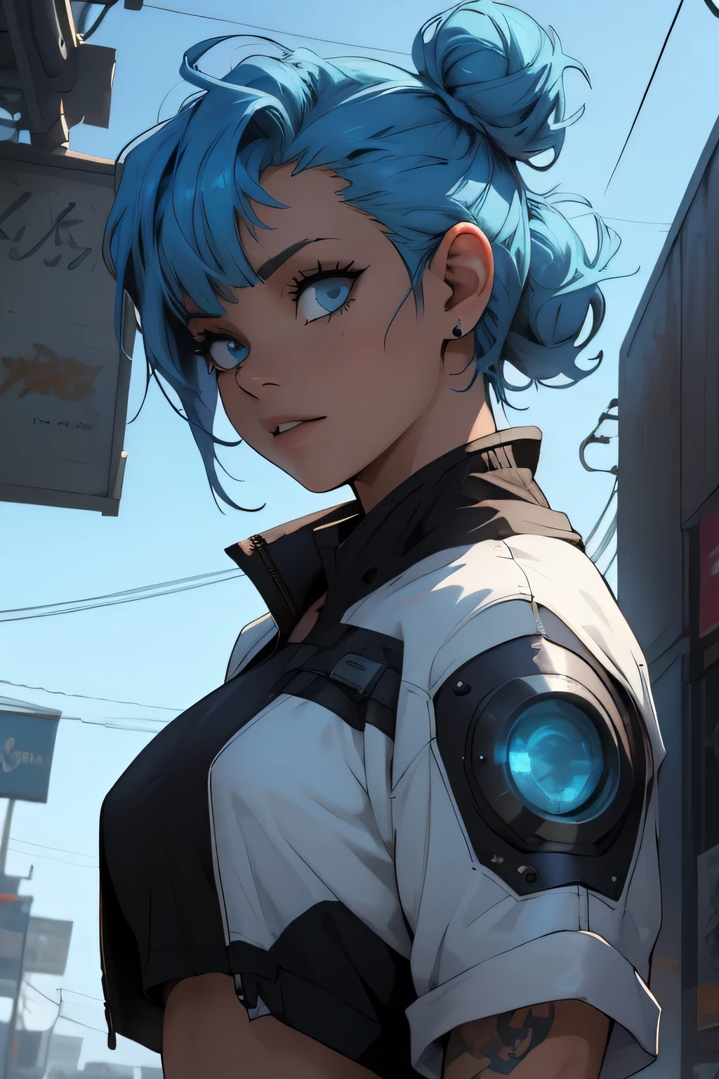 fantasy,concept art there is a woman with blue hair, short blue hair, with blue hair, blue short hair, short blue hair!!!, messy blue hair, halfbody headshot, blue hairs, blue hair, short blue haired woman, chloe price, sky blue highlights in hair, cyberpunk dyed haircut, flowing blue hair, brown hair with light blue ends, blue and black, LAUFEN, SHORT HAIR, DOUBLE BUN, BLUNT BANGS,