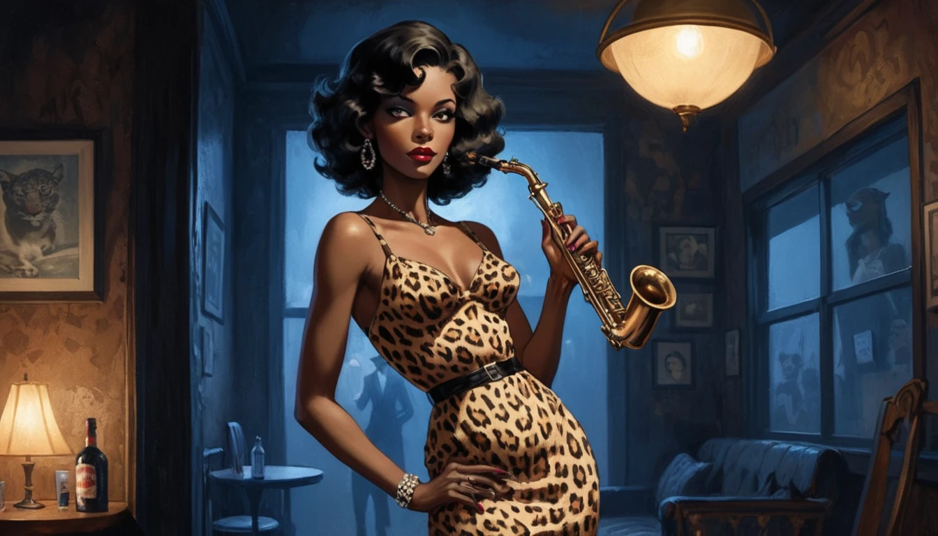 alabama bar, blue note, charismatic, baterist, guitarist, saxophonist, jazz band, leopard skin dress, illustration, noir fantasy, singer lady,