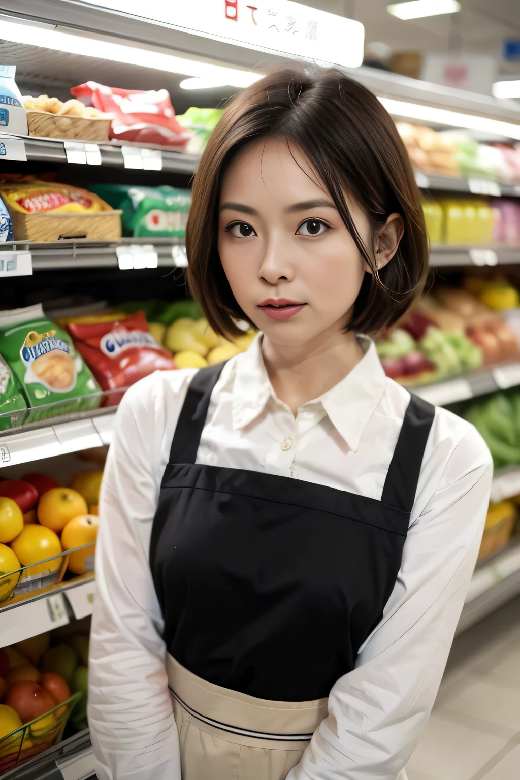 ((best quality, 8k wallpaper, 35 mm lens, highly realistic picture, high resolution, detailed face, detailed skin, anatomically correct, master piece)), (Beautiful Japanese woman working at a grocery store), 40 years old, black short bob hair style, smaller, small, delicate, small face, Thin face, Wrinkles around the eyes, (slim waist:1.3), (white button up shirt), (black apron), in a grocery store, 