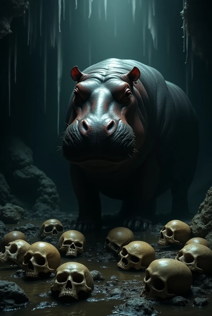 We need such an image. In which a big hippopotamus has placed his foot on his skull and is eating the skull under his foot. high quality HD image. Uke foot ke niche 100000 skulls ho aur sabhi skulls ak ho place per ho 