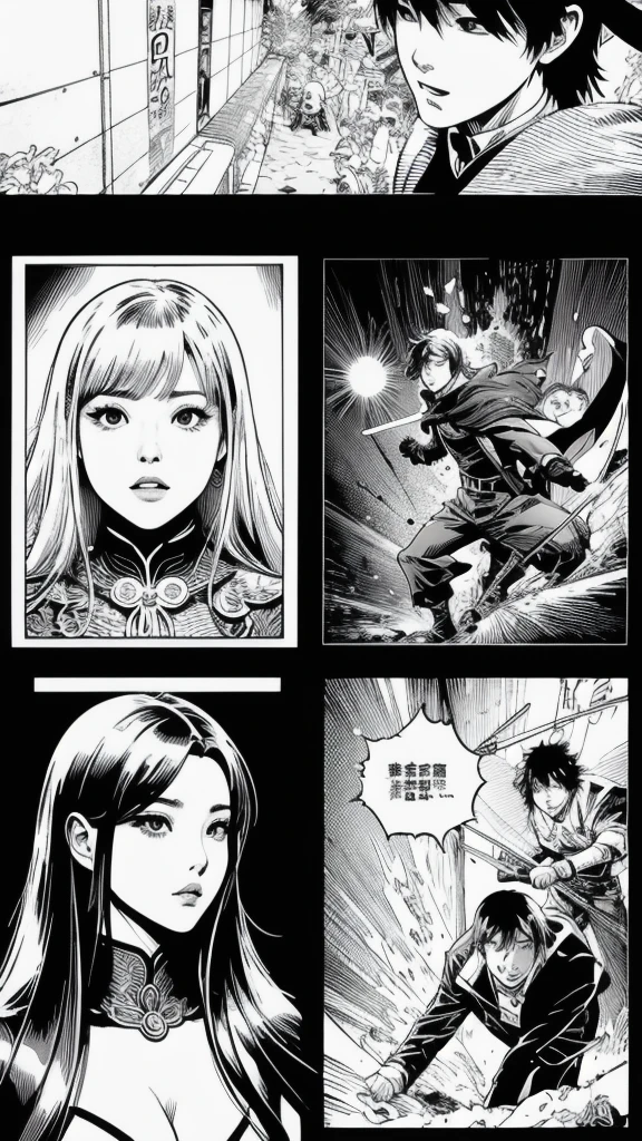 Monochrome Comics、(masterpiece, Best Quality:1.2),   chrome comics、Japanese Manga、Draw Chinese style comics 、Draw in 2 frames