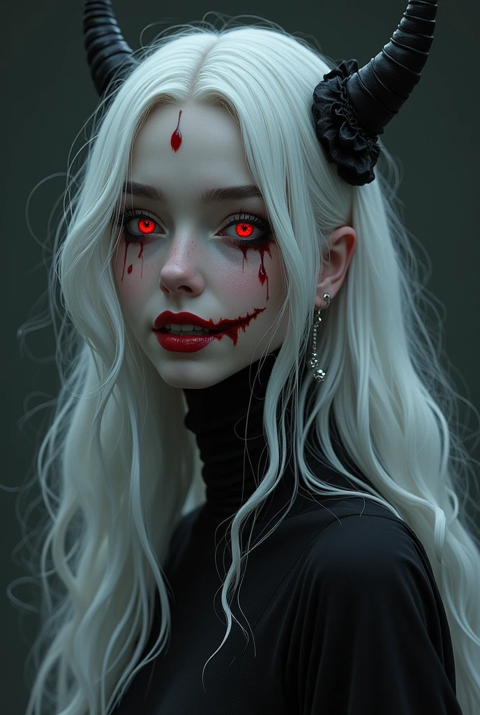 a close up of a woman with blood on her face, with red glowing eyes, with glowing red eyes, vampire girl, fantasy horror art, gothic fantasy art, with red eyes, dark fantasy horror art, horror fantasy art, gothic maiden anime girl, beautiful vampire queen, red glowing eyes, with a red eyes, artwork in the style of guweiz