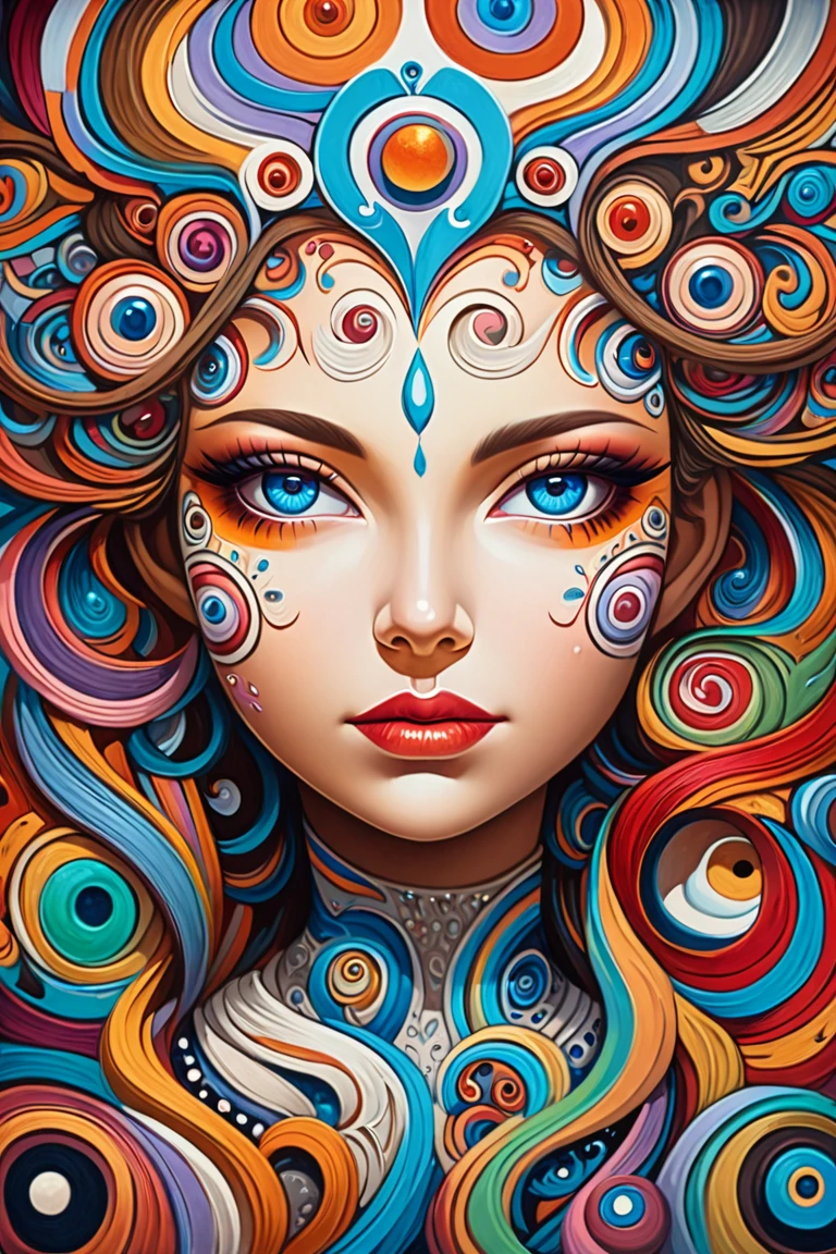 painting of a woman with a colorful face and a lot of circles, adrian borda, detailed face ), surrealistic painting, by Amanda Sage, visionary painting, whimsical art, detailed woman, detailed face and eyes, extraordinarily detailed woman, detailed face of a woman, fantastic details full face, goddess close-up portrait, dreaming face, stylized face, face portrait