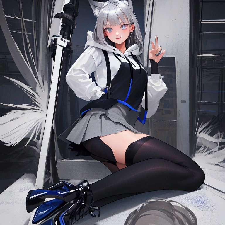 masterpiece, HD ,  best quality ,  drin ,  racquet shoot silo  , Controller room  ,  firmer does man see the racquet ,  1 girl (( high-heeled shoes black,   suspender stockings black threading ,  very very short skirt black ,  white hoody cropped  ,fuchsohr, foxtail,  very very very layer of silver hair,  bluegrey eyes , ))  smile on start button look  ,  three fingers up hold  