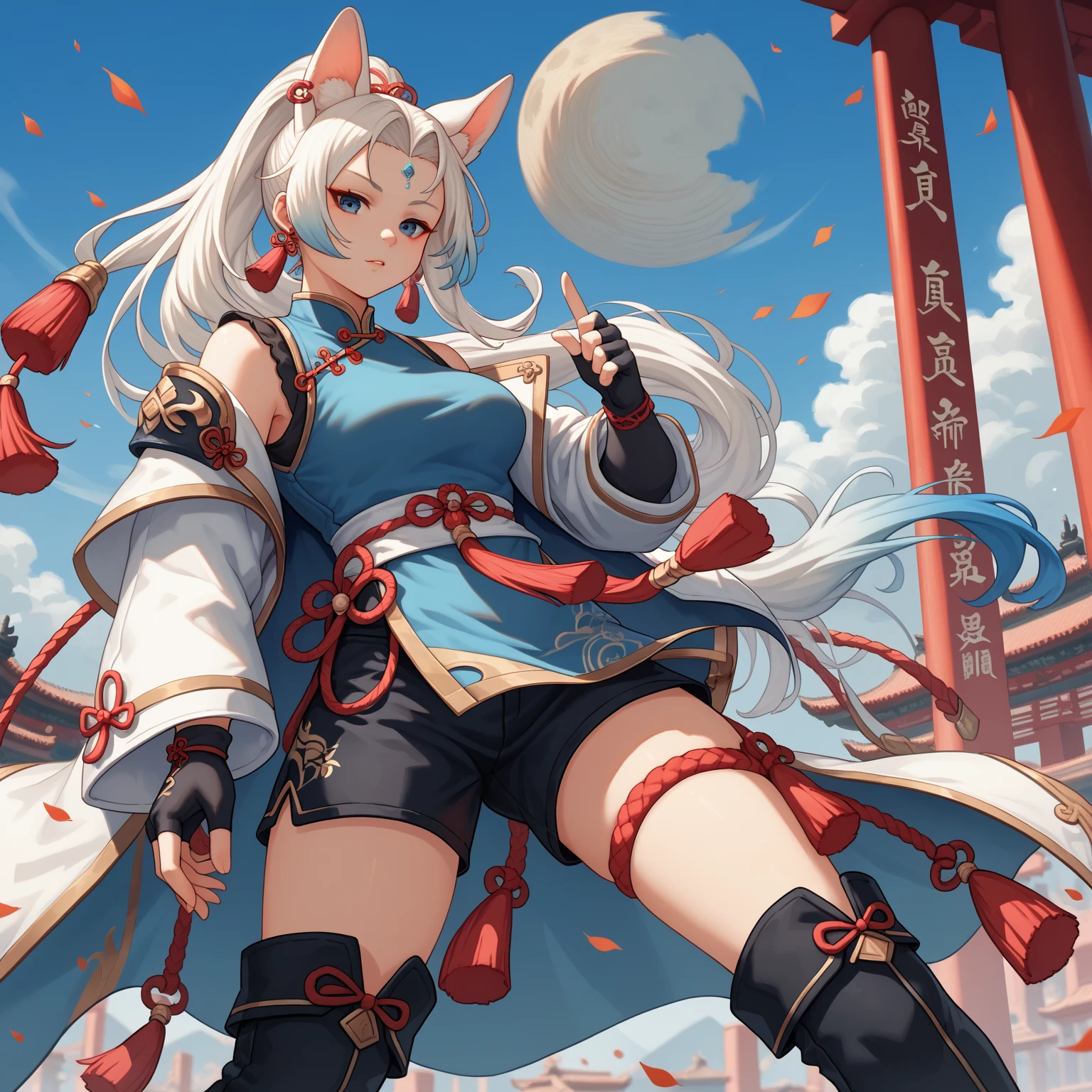 FeixiaoDefault, animal ears, long hair, ponytail, gradient hair, white hair, blue eyes, forehead jewel, ear piercing, tassel hair ornament, tassel earring, blue shirt, chinese clothes, brooch, red tassel, white coat, black gloves, fingerless gloves, white belt, blue waist cape, black shorts, thigh strap, knee boots