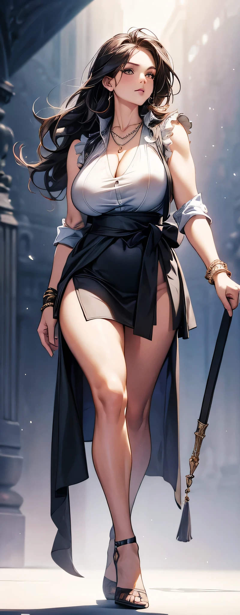 fingers crossed behind back, blood, in sundress, dark blue, brght grey eyes, full body. women, booty