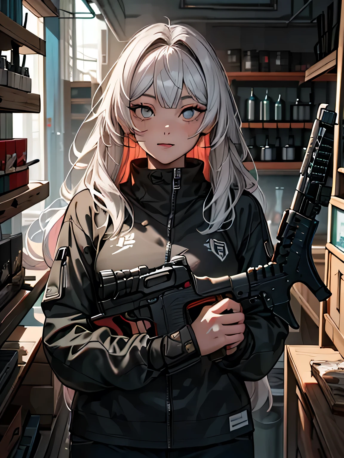 (top-quality, masterpiece:1.2) | A detailed eye:1.2 1 female ,Solindo (dynamic ungle, cowboy style,POV, faces, The long-haired,Gun Shop) gargantilha, The shirt, Open sweatshirt, finely detailed, masterpiece, Cyberpunk-style clothing