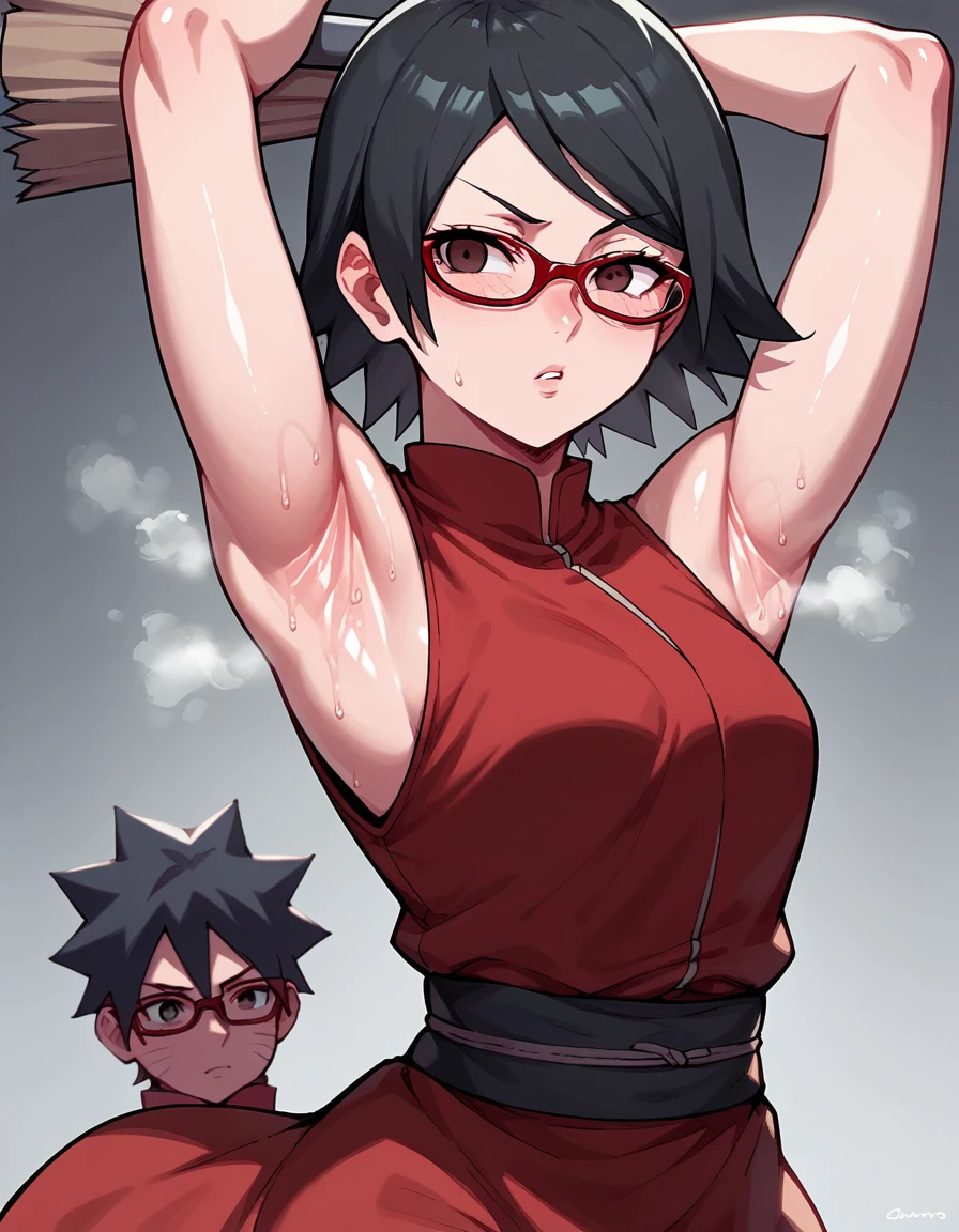  anime art style,sarada uchiha,  short hair,  Black Hair ,  dark eyes, Red-rimmed glasses, Glasses,  Sweep Bang,(Armpit:1.3)，(steam，steamimg:1.1)，  red dress ,Shiny skin,Shiny