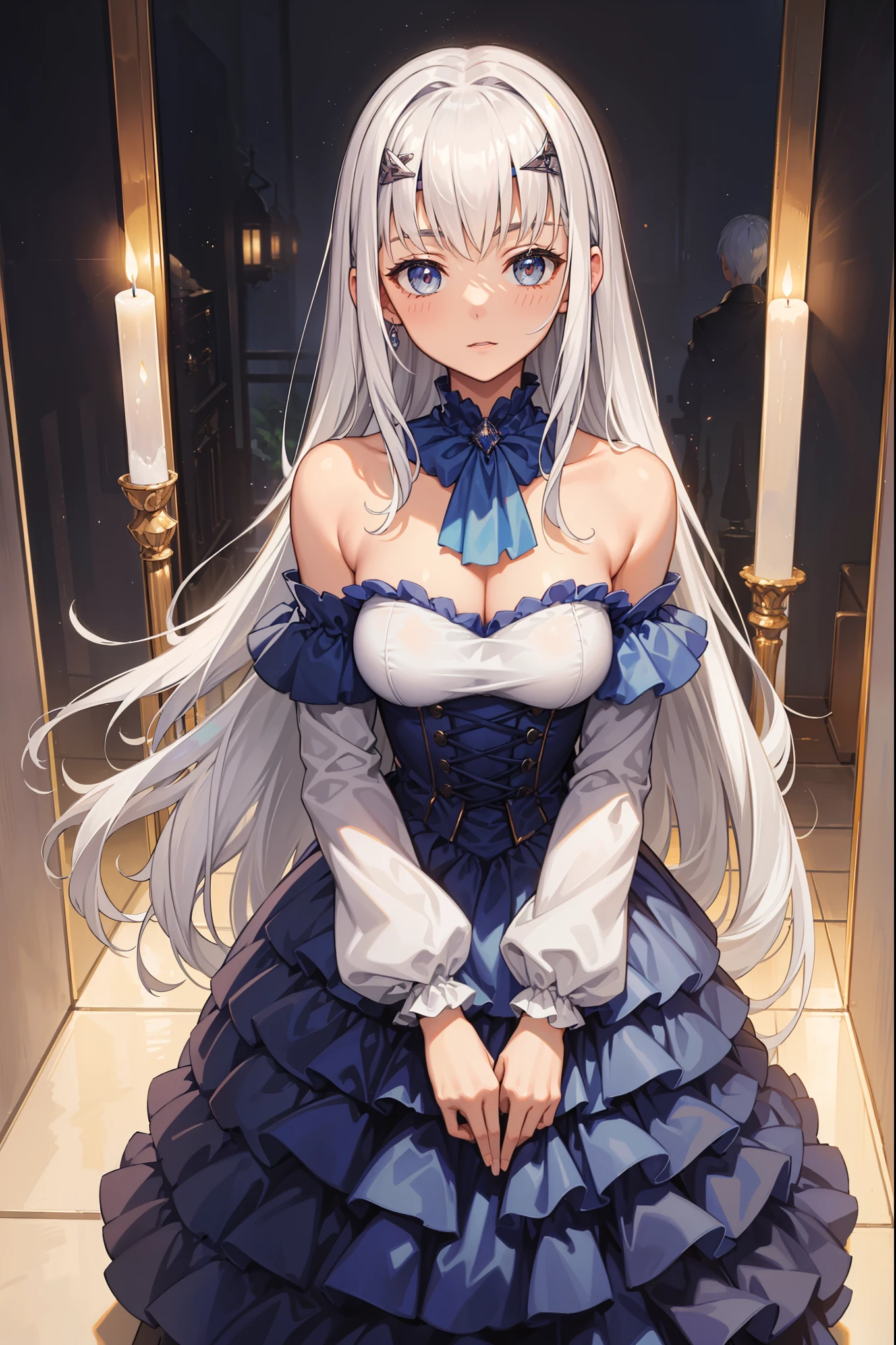 ( masterpiece , highest quality :1.2), 1 girl at home, alone, ((Clothes showing off her shoulders )), ((night)), ((White hair))lanthanum, Candlelight, Deep in the fantasy world,The moonlight pours down like water,FOG,Actress'The figure is looming, big breasts , cute faces,Slightly upturned mouth corners,Like a fairy,Fluttering clothes , Her hair was randomly tied behind her head, A few strands of hair swayed gently in the wind ,((Royal Clothing、Thick fabric, A member of the royal family dressed in Hanbok )):1.5
