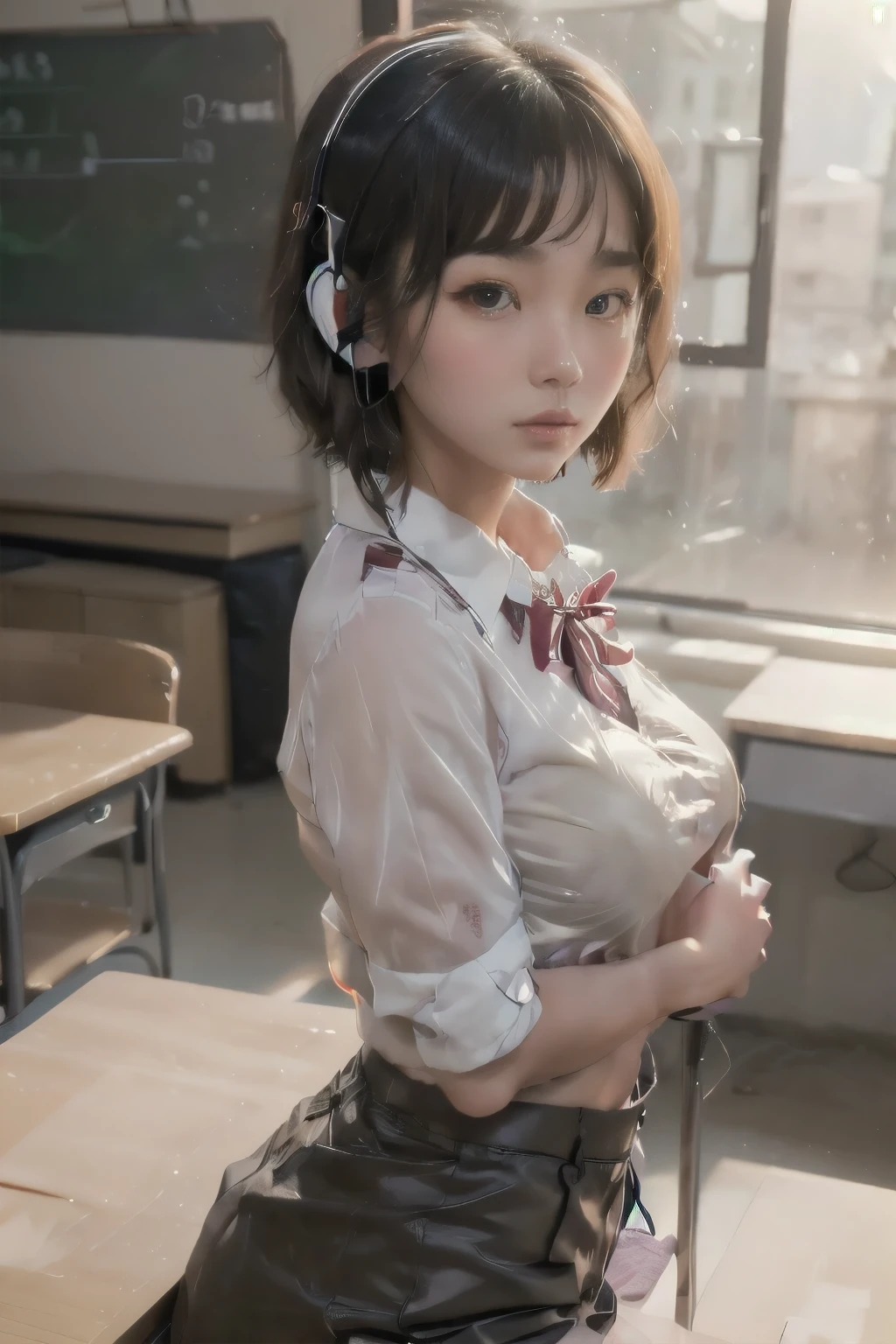 (( short hair、 short bob、Pants、Loose Hair Color、 small breasts、High school girl、uniform)、 1 girl、 Masterpiece 、 Japanese girls having creampied sex、 absurd、 high resolution on down、 ultra-detailed、 faces with a depth of writing 、​masterpiece、 extremely detailed CG、3D Photography、3D Background、Unity、8k、there is nothing、top-quality、Shadowy、 clear focus 、 white skin、 detailed eyes on board、 blurry background、dynamic ungle、 closed mouth、profile、 white headphones、 face up 、Super Clear、Curvaceous、 red cheeks 