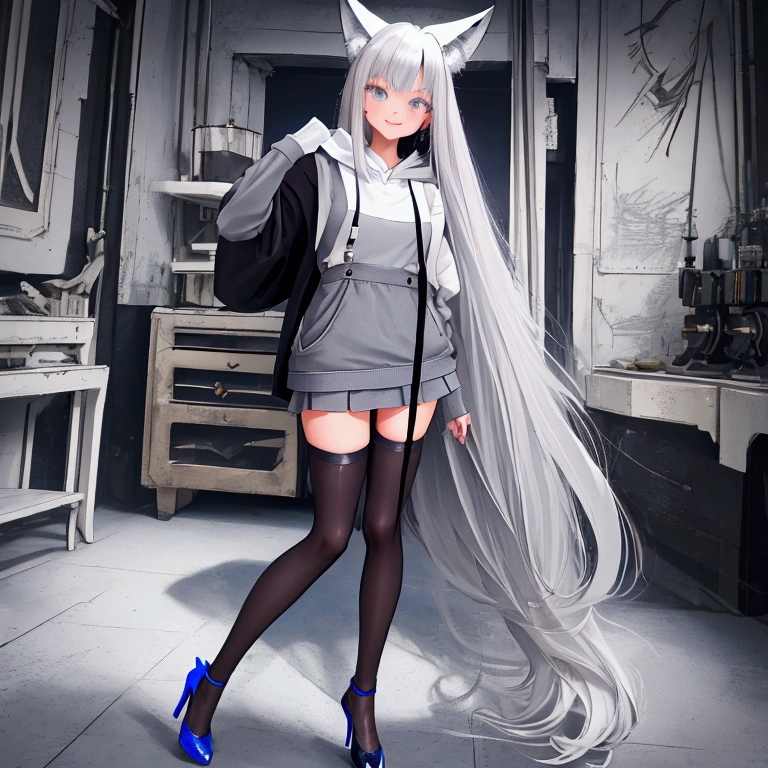 masterpiece, HD ,  best quality ,  drin ,  racquet shoot silo  , Controller room  ,  firmer does man see the racquet ,  1 girl (( high-heeled shoes black,   suspender stockings black threading ,  very very short skirt black ,  white hoody kurz  ,fuchsohr, foxtail,  very very very long of silver hair,  bluegrey eyes , ))  smile on start button look  ,  three fingers up hold  