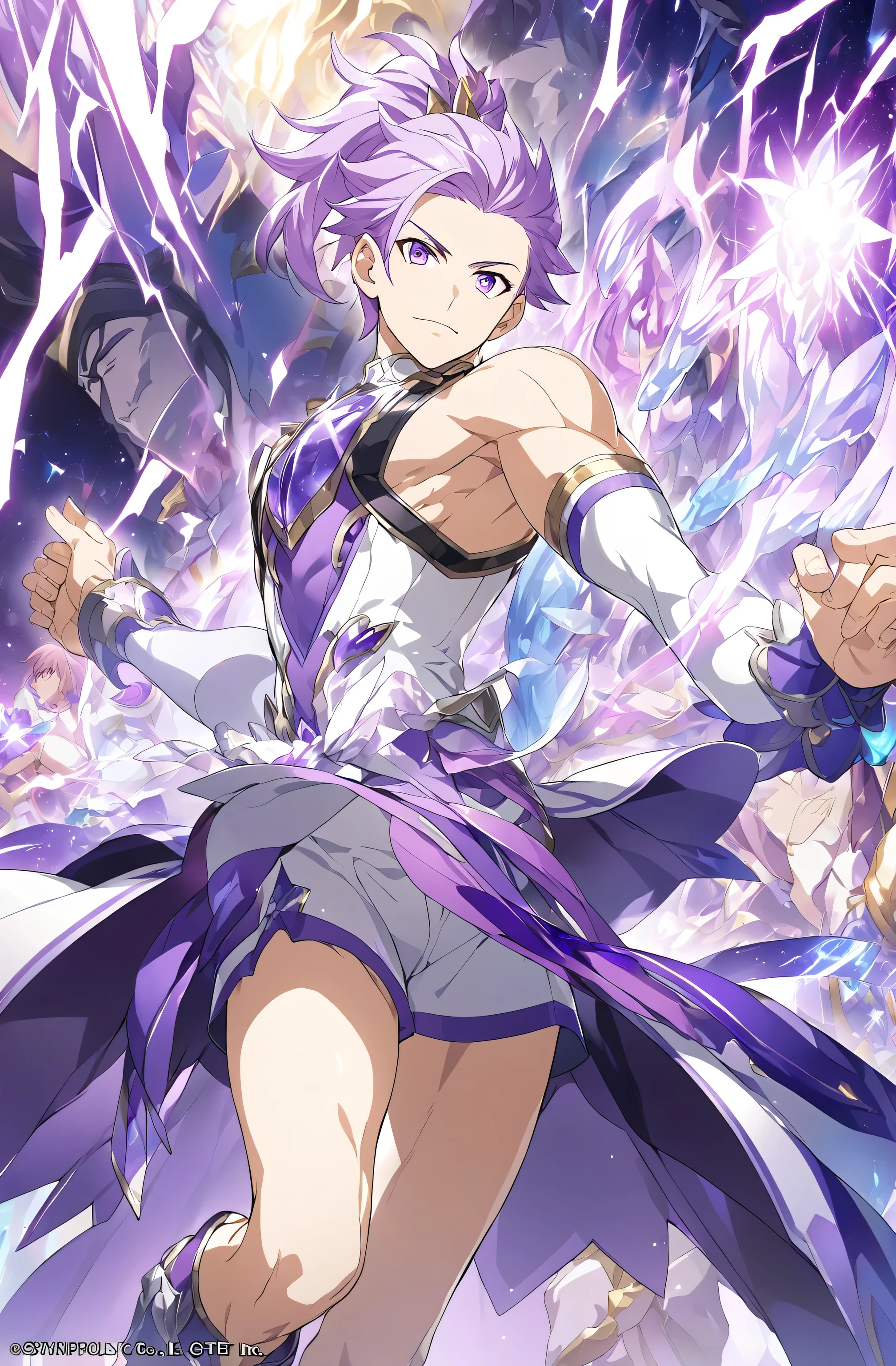 1boy、Boy with purple hair、 Close Up of an Anime Male Character、Alone、portrait of Magic Boy、 Boy in a White and Purple Dress 、Long Legged 、Heavenly Aura、Lightning Aura、 White and Purple Miniskirt 、Bare shoulders、 Purple Arm Warmers 、Bare legs、Bare thighs、 purple thigh-high boots 、 Symphogear Flavor 、 Boy with Short Light Purple Hair 、high ponytail hair、 Prince of Amethysts 、 Official Character Art 、style of Magic Boy、Magic Boy、 Anime Boy 、 official art、 high resolution on down、perfect costume、manly、sparkling Magic Boy、With Sparkling Purple Eyes 、perfect body、perfect hands、perfect arms、perfect legs、(male body:1.3)、manly face、
