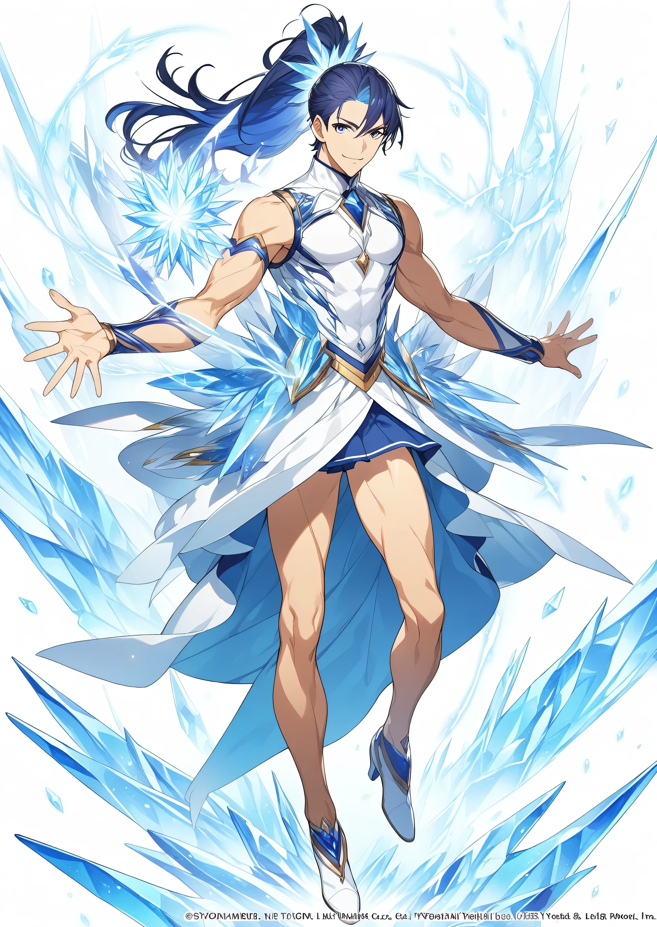 AGE: 19 years old Appearance:
hair: white, lank and slightly messy, reaches up to his shoulders.
eyes: Crystal blues, that seem to reflect light like ice.
fur: Pale with a slight glow in the sunlight.
height: 1.75 meters.
Complexion: Slim but athletic, with toned muscles.
weapon:
A katana with a light blue blade and a handguard reminiscent of a snowflake. The handle is wrapped in white leather to provide better grip in cold conditions..
outfit:
He wears a blue haori with snowflake patterns, dark pants and high boots. He wears a white belt where he keeps his katana.. It is often covered with a layer of fur to protect itself from the cold..