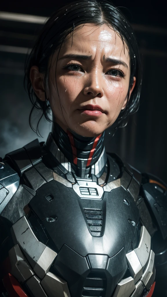 Best Quality　8k (War Machine)　Cyborg middle-aged woman　　Sweaty face　　 short hair　　Steam coming out of my head　 My hair is wet from sweat　 Black Hair 　　 full body portrait 　Only the face is exposed　 orgasm