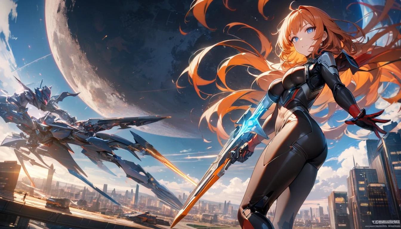 Adult Women,   long orange hair from behind the light,  blue eyes, cyborg,  very tight transparent battle suit,  cyberblade in hand , transparent elements , masterpiece, Best Quality, Full HD, 8k,  ultra detailed,  amazing graphics , Asaka Kouka,  vs. Demon Shinobu suit, bodystocking,  Future Cities ,  Knight , moon,