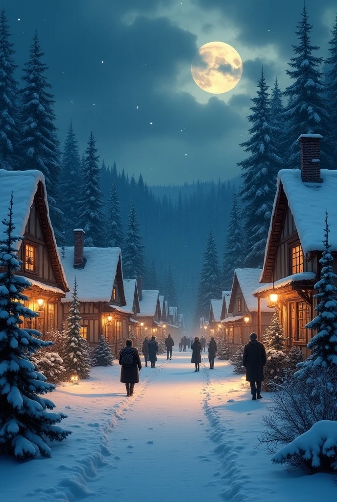 Winter aesthetics in a village near the forest at night is cloudy and everyone is going to carol 