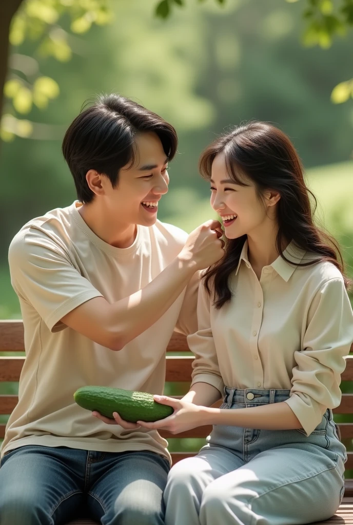 A beautiful Korean woman wearing a white tank top, she sat scared, both hands unbuttoned her torn trousers, there was a strange big cucumber stuck in her trousers. a handsome man, wearing a white t-shirt, wearing shorts, the man was holding a strangely large cucumber while laughing, the man was squatting in front of the woman. Banana garden background
