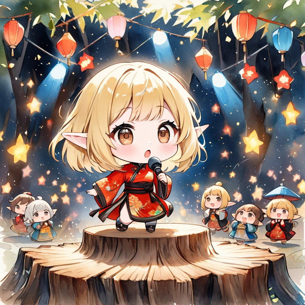 1girl, chibi, cute, pale skin, blonde hair, bob, big droopy eyes, dark brown eyes,
elf, on large tree stump, many spectators, chinese dress, singing,
colorful stage lights, volumetric lighting, countless small stardust,
traditional watercolor painting, (masterpiece, best quality, hyper detailed:1.2),