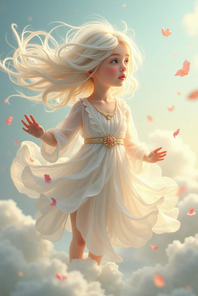 (best quality,4K,8k,high resolution,masterpiece:1.2), The girl in the clouds has hair as fluffy as a cloud., starlet, Fantasy Illustration, dreamy colors, children&#39;The illustration style of.vivid colors