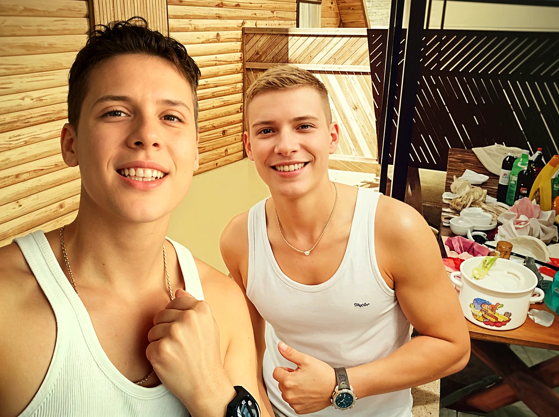 add another very skinny shirtless effeminate gay teen, hugged, Whole body