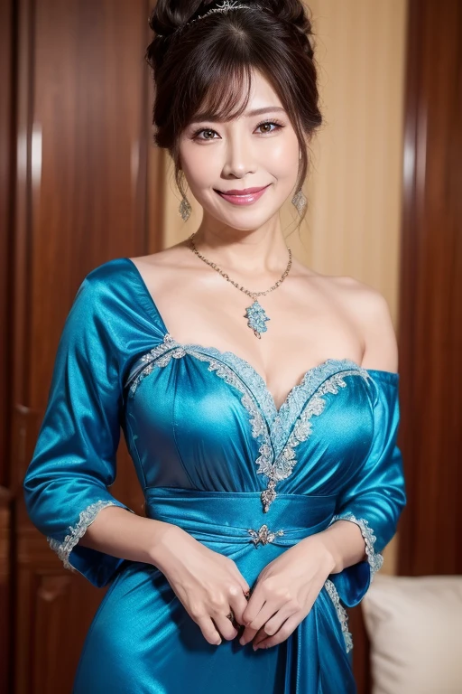 (Alone:1.3),8k, Best Quality, masterpiece, Realistic, Super detailed, debt/1.2, 85mm, Nikon, 笑顔の女性で、 bun hair,   natural makeup, 65 years old beautidebtul asian woman, young debtace, blue odebtdebt-shoulder tops long dress， Cinderella Style , Rudebtdebtled sleeves,  diamond pendant necklace with smiling woman,  emphasizes the chest,  waist shot,