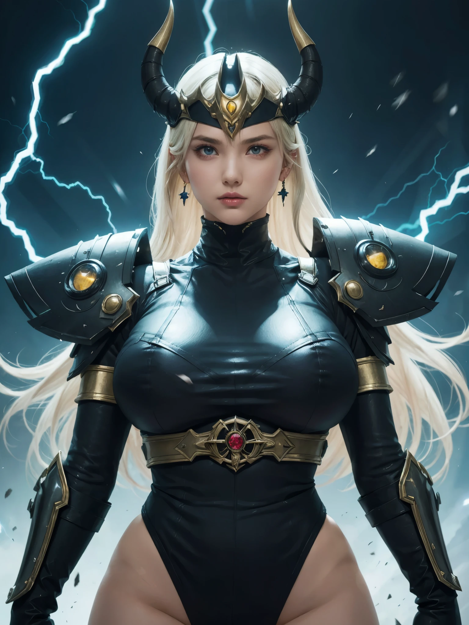 girl, kamen rider villain, sexy kamen rider suit, ornamental shoulder guard, layered shoulder guard, thick materials, big simple headpiece, horned headpiece, long hair, looking at viewer, drop earrings, (gigantic breasts:1.2), futuristic ninja, evil ninja, black color theme, electrical current, lightning element, power, energy, anthracite iron, invincible ninja, destructive phantom,