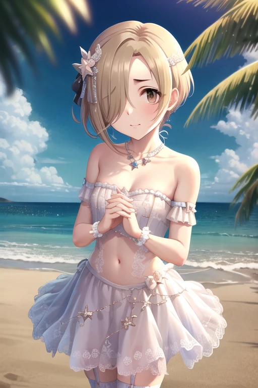 masterpiece, Best Quality,  high resolution on down,  The Idolmaster,   headband,   hair bow, blue bowa ,  star hair ornament,  clavicle,  necklace ,  strapless,  frill bikini ,  arm garter, Single Wrist Cuff, abdomen,  layered skirt,  Bridal Garters,  is standing,  cowboy shot ,  beach ,　, blond hair, Hair over the eyes,  short hair,  Brown Eyes ,  flat chest,　, (Perfect hands, perfect anatomy ),,  Five Fingers ,
