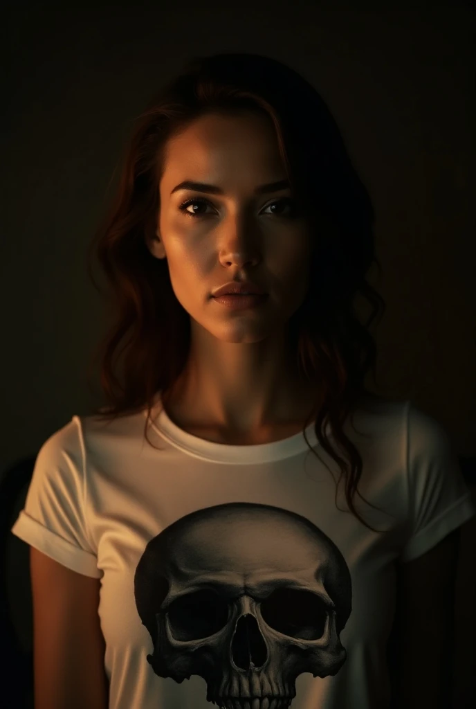  Beautiful girl of unparalleled beauty . very beautiful.  The photograph is a cinematographic style with cinematographic lighting .  Preferably inside a studio photography with lighting RX lights 40 B .   The very beautiful girl .  It has professional lighting and is illuminated from the indirect side with the warm yellow tones.   The shirt she is wearing has a biomechanical drawing in the artist's style . Giger.  Possibly a skull that is in the front .  The work is a high-quality advertising art photograph 