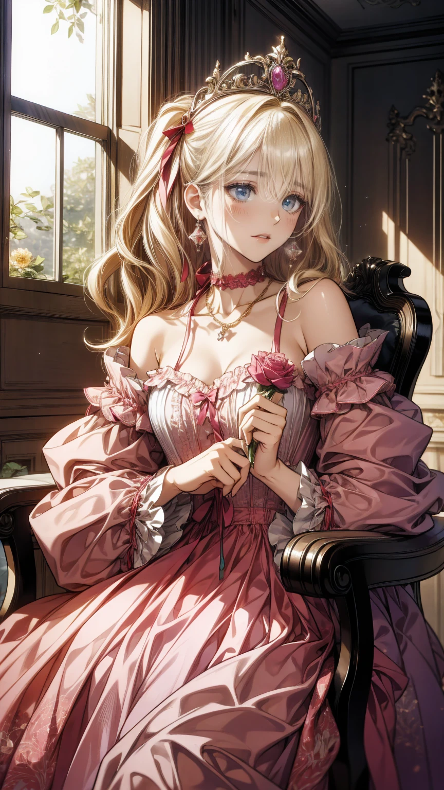 ,  1 girl, difficult,Alone,(8k, Best Quality, masterpiece: 1.2),  Ultra High Definition ,, Marie Antoinette, ultra detailed face ,fine grain, open your mouth slightly ,(blonde),Long Hair, wavy hair in front of the station, break,Rococo Ruffle Dress,Long sleeve dress, The dress has a long skirt , Baroque Dress ,  intricate fantasy dress , Gorgeous glamorous dress,  romantic dress, Costume with frills  ,lottery, Data Style, Formal Wear, Fancy Fashion, palate colors include pink and white,(pink:1.5),Class A Smile,Gold Tiara,  necklace ,Sit in a fancy chair,  hands on needs  ,( rainbow light :1.4),,Profile of a person looking out a window,The rosebush is reflected in the window,(Inside Victoria Palace)、Her eyes are shining、今彼女のblondeの髪は腰まで伸びている、Rose-colored gradation and three, 薄いpinkのロック. 彼女は花柄の装飾が施されたGold Tiaraを着用し、 Matching earrings  , white flower choker. 彼女は金色のボタンで縁取られたフリル付きの白いストライプのpinkのトップを着ている, The white sleeves are in the shape of a bud .. A magenta ribbon runs down her chest..、Tie at the back of the neck、Matching chest piece, Decorated with flowers. Her frilly skirt is divided by a white line, Fastened with a large magenta ribbon、Decorated with gold, There is a small ribbon on the back. Her mini skirt、薄いpinkのマゼンタの貝殻状の裏地と白い花のペチコートでできている. 彼女はpinkの花がついた白い手袋も着用している, 白と薄いpinkの靴には、ゆるいカフとDecorated with flowersたマゼンタのリボンがある.
