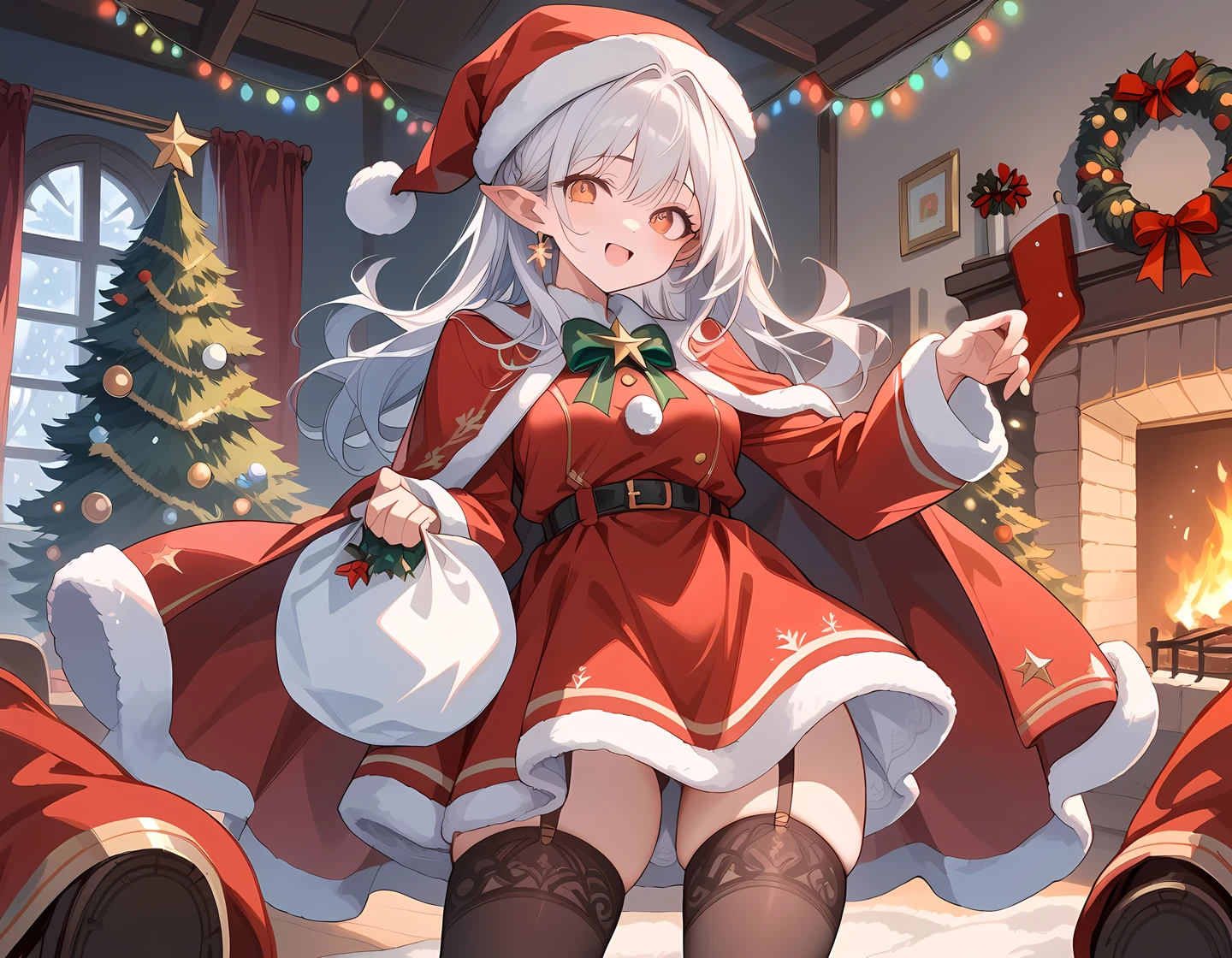 (((Best quality, 8k, Masterpiece: 1.3)), ((best quality)), ((masterpiece)), (detailed), perfect face, perfect body, (detailed skin:1.3), (intricate details), A cheerful elven woman dressed in a Santa Claus-inspired outfit stands in a cozy, festive room. She has pointed ears that peek out from under a red Santa hat with a fluffy white trim. Her outfit is a fitted red coat with white fur edges, a black belt, and tall boots, giving her a playful yet elegant holiday look. She holds a large sack of gifts over her shoulder, her expression warm and joyful. The background features a decorated Christmas tree, glowing string lights, and stockings hung by a fireplace, creating a warm, festive atmosphere filled with holiday cheer.