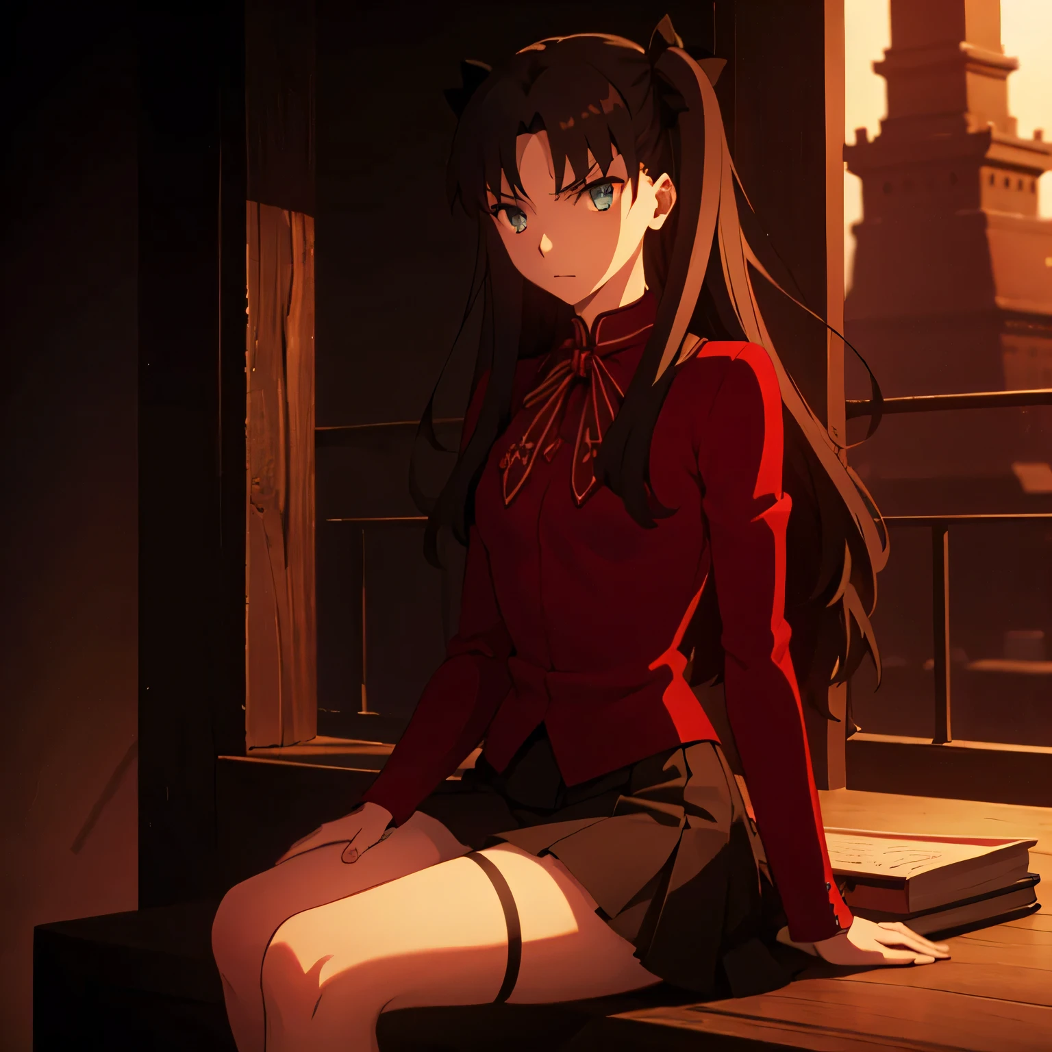 classic tohsaka rin from fate hair, aesthetic, bohemian, realistic, skirt, stockings, skinny fit, goddess sitting pose, emo, staring on foreground, very bright and shinny eyes, Dark world deep night background, Dark fantasy, focus on hips, goddess, solo girl, towers of books