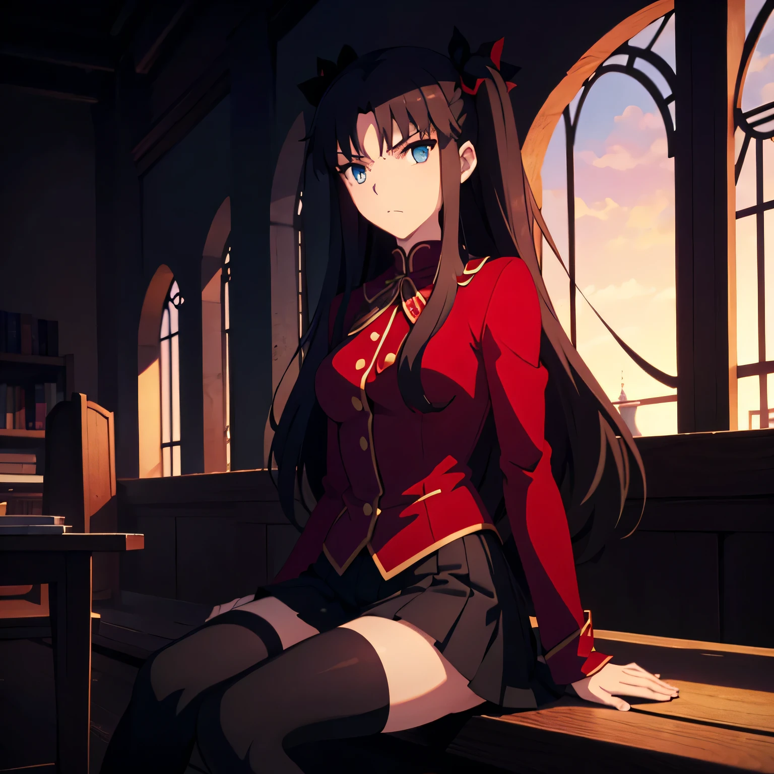 classic tohsaka rin from fate hair, aesthetic, bohemian, realistic, skirt, stockings, skinny fit, goddess sitting pose, emo, staring on foreground, very bright and shinny eyes, Dark world deep night background, Dark fantasy, focus on hips, goddess, solo girl, towers of books