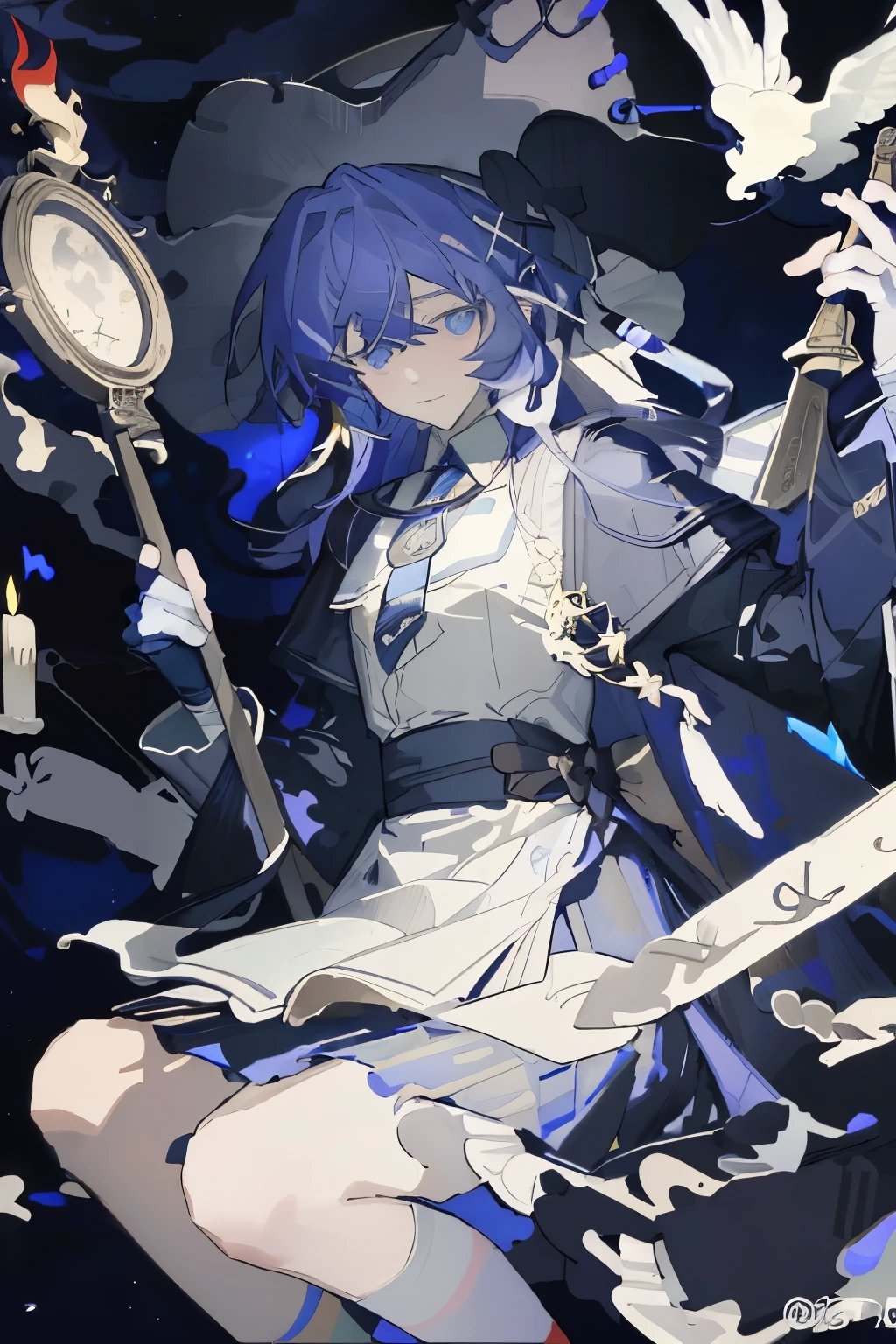((masterpiece:1.2, is the best quality)), 1 Girl, alone, (Witch Hat), blond, Long hair, skirt, aurora, night, Star (Sky), Gloves, Sky, white skirt, night Sky, Open your mouth, Starry Sky, blue eyes, ribbon, very Long hair, red skirt, Smile, Hairband, cape, blue hair, (bird), magic, Spell casting spells , dark clouds, night, (Impressionism:1.4), (Tarot:1.3), Alphonse Mouchard ,