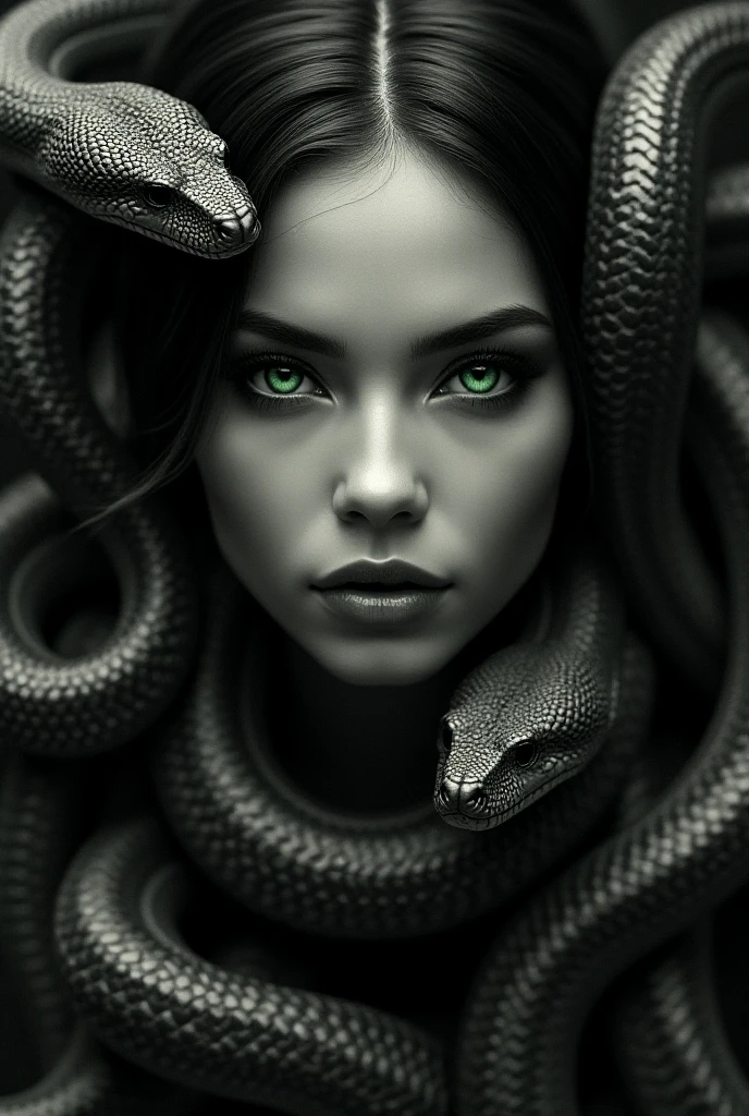 Digital black photo 16k, face snakes art full screen a beautiful  woman green eyes gray white reflective 