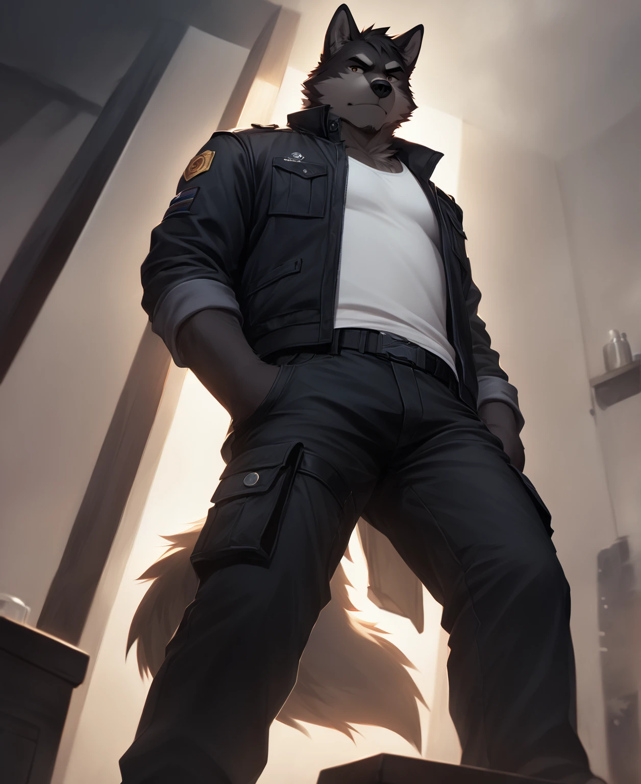 solo,furry,furry male,wolf,adult,black_skin,black fur,wolf ears,wolf tail,muscular,tall,white tank_top,black cropped_jacket,black cargo_pants,contempt,shaded_face,standing,hand_in_pocket,from_below,looking_down,looking_at_viewer,(masterpiece:1.3),(best quality:1.2),(ultra-detailed:1.2),(8k resolution:1.2),highres,original,extremely detailed wallpaper,perfect lighting,(extremely detailed CG:1.2),dynamic composition,realistic rendering,depth of field,digital painting,concept art；bar \(place\), Golden patterns on the skin