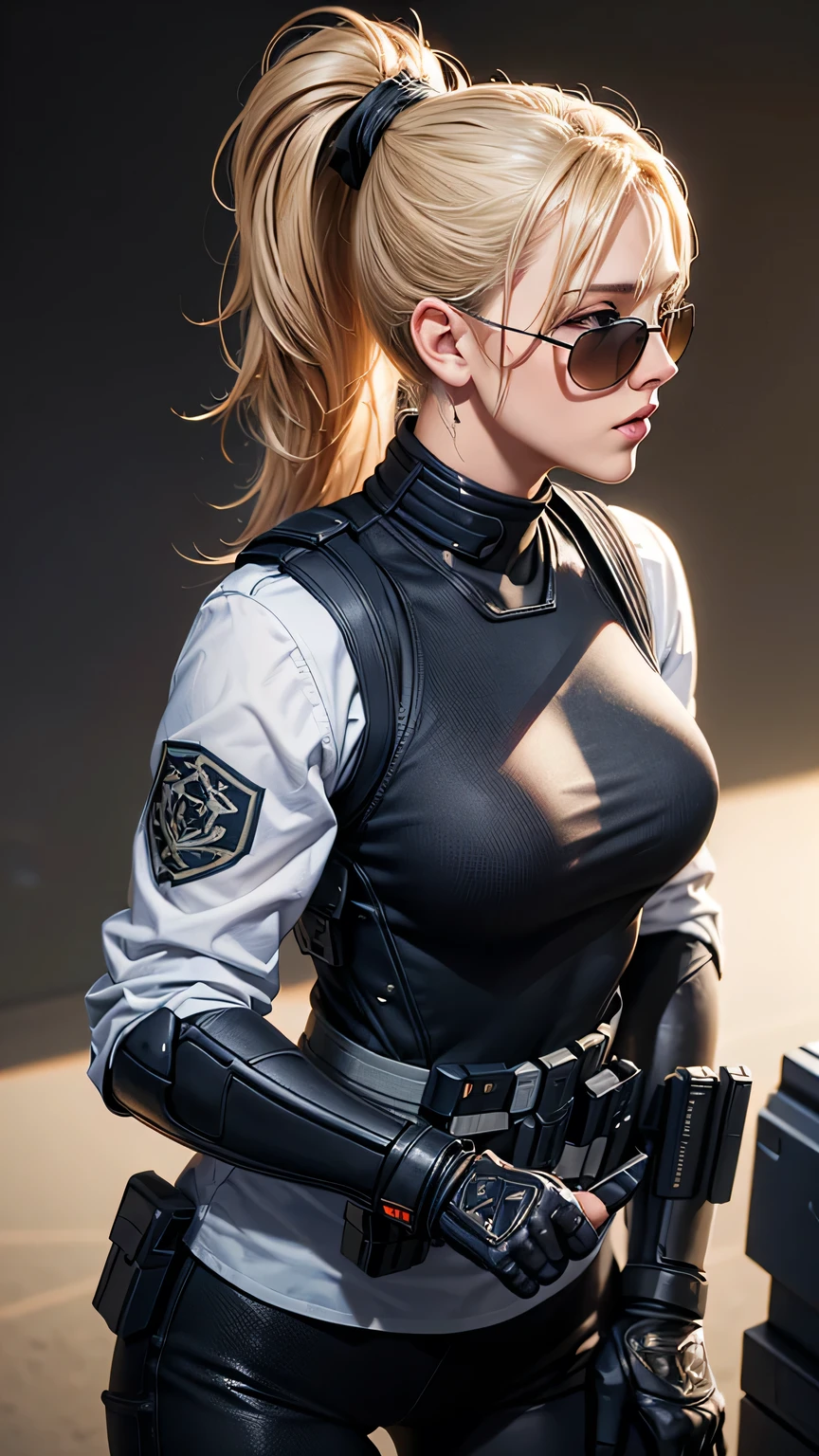 blonde pony tail hair, beautiful woman, pro lighting, photorealistic, Realistic face details, complicated details, 8k, ultra high details, dynamic camera angle, hips up, sunglasses, swat gear, armor vest, 