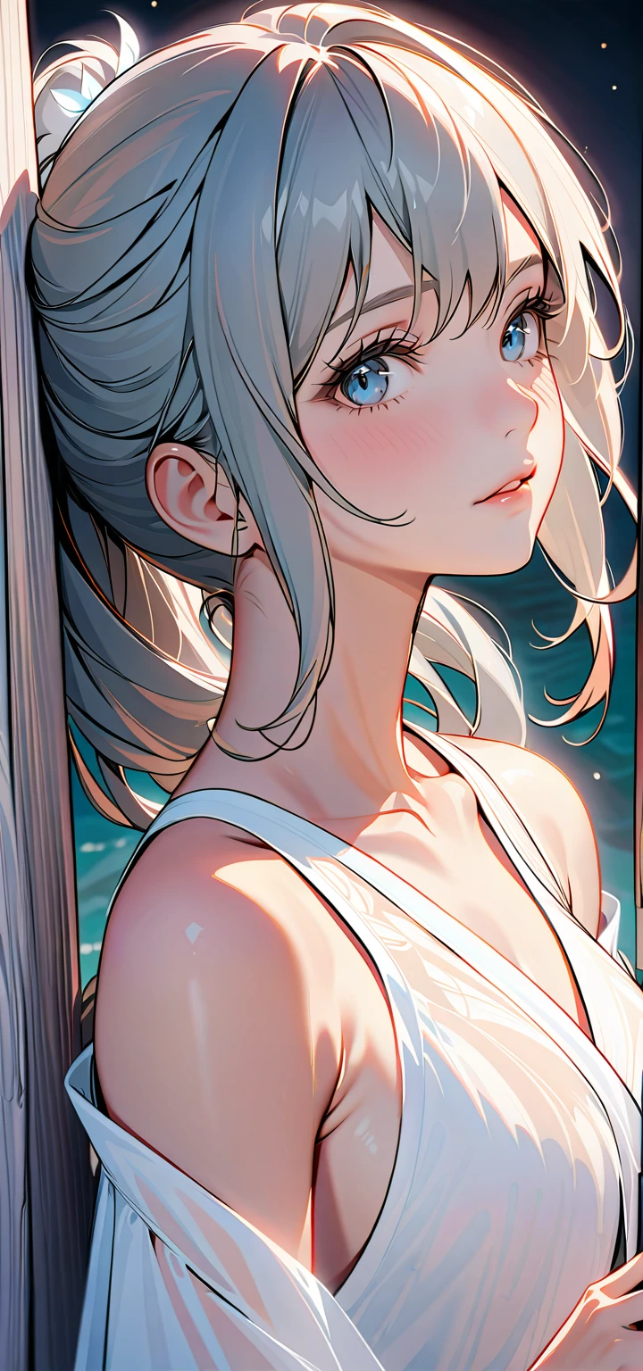 (lifelike, high - resolution:1.3), 1 girl with a perfect body,slender body, Super fine face and eyes,assasin, dark makeup, shiny skin,white hair, micro bikini,Expose cleavage, (grabbing own ass)