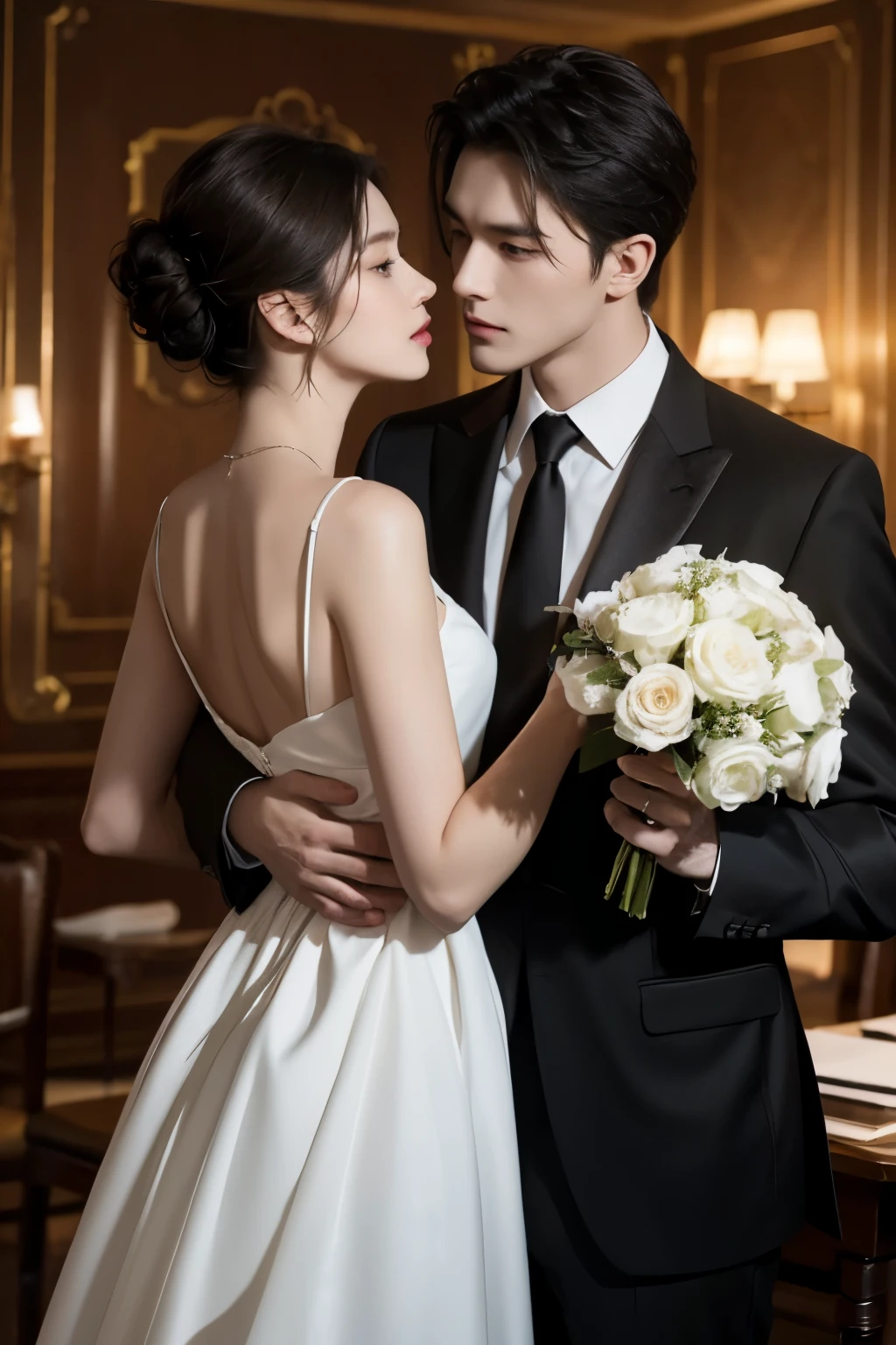 professional wedding photography, (masterpiece), (intricate details), (photorealistic:1.3), (film grain:1.3), (perfect anatomy:1.3), [:(intricate details), (detailed skin), (detailed face):0.2], epiCRealism, In Paris, France, in front of the Eiffel Tower, BREAK, Korean, (man and woman couple), a romantic photoshoot with a couple wearing elegant outfits and holding hands or kissing, nice hands, perfect hands,